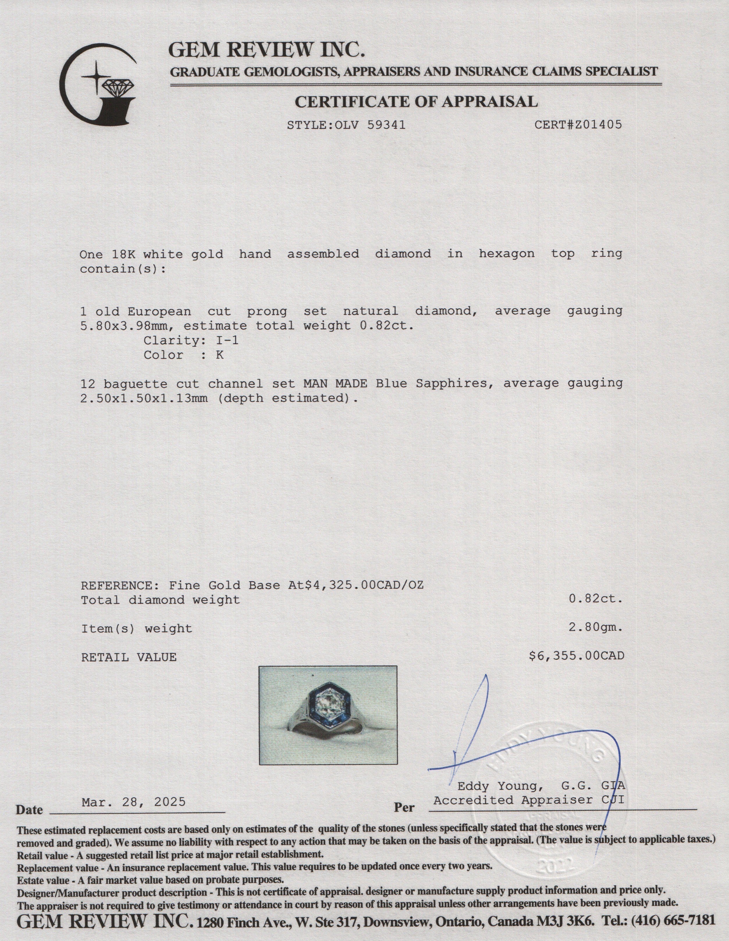 Antique 18k White Gold Sapphire & Diamond Hexagon Top Ring, Size 5