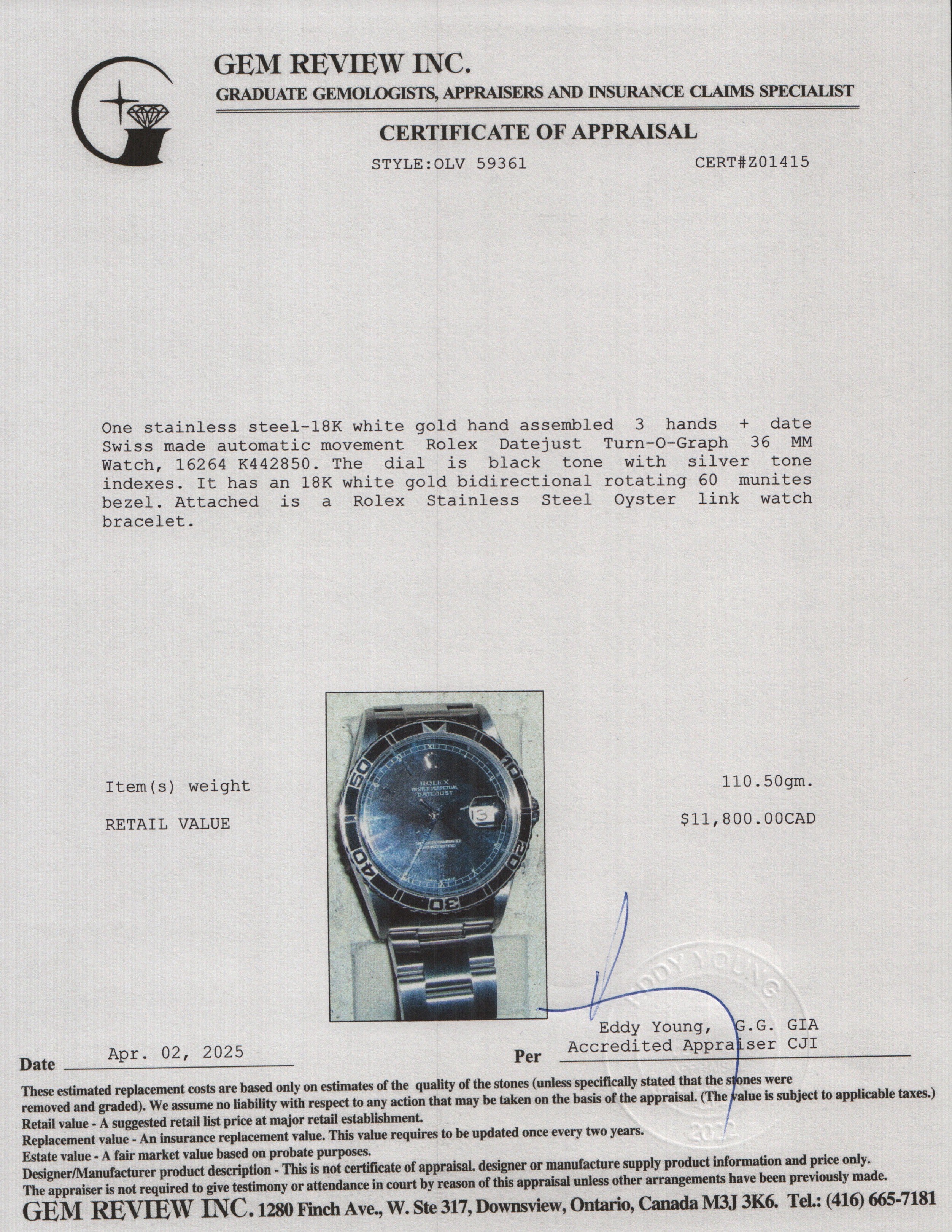 Rolex Stainless Steel Datejust Turn-O-Graph 36 MM Watch Black Dial 16264 w/ Box & Papers