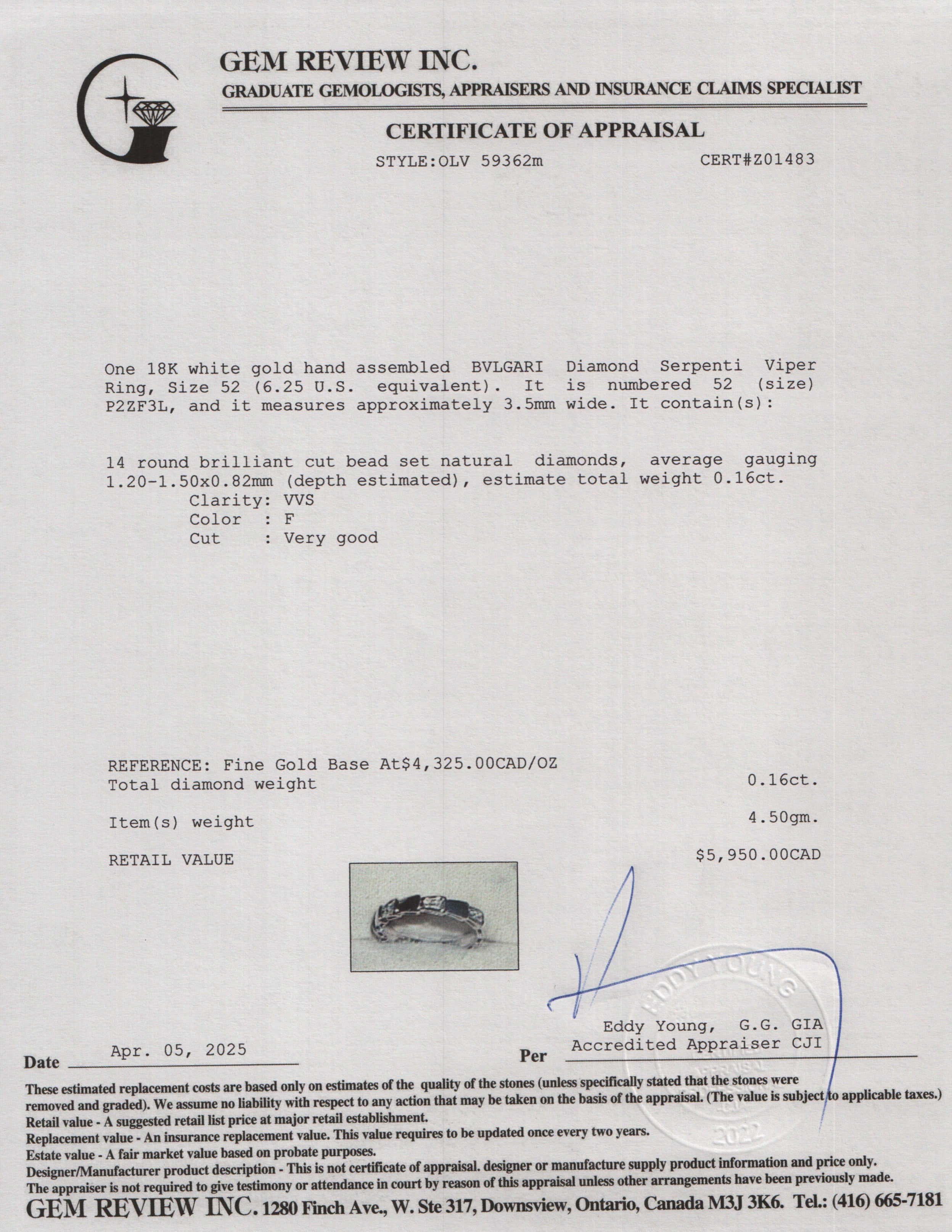 BVLGARI 18k White Gold Diamond Serpenti Viper Ring, Size 52 6.25 w/ Box & Certificate