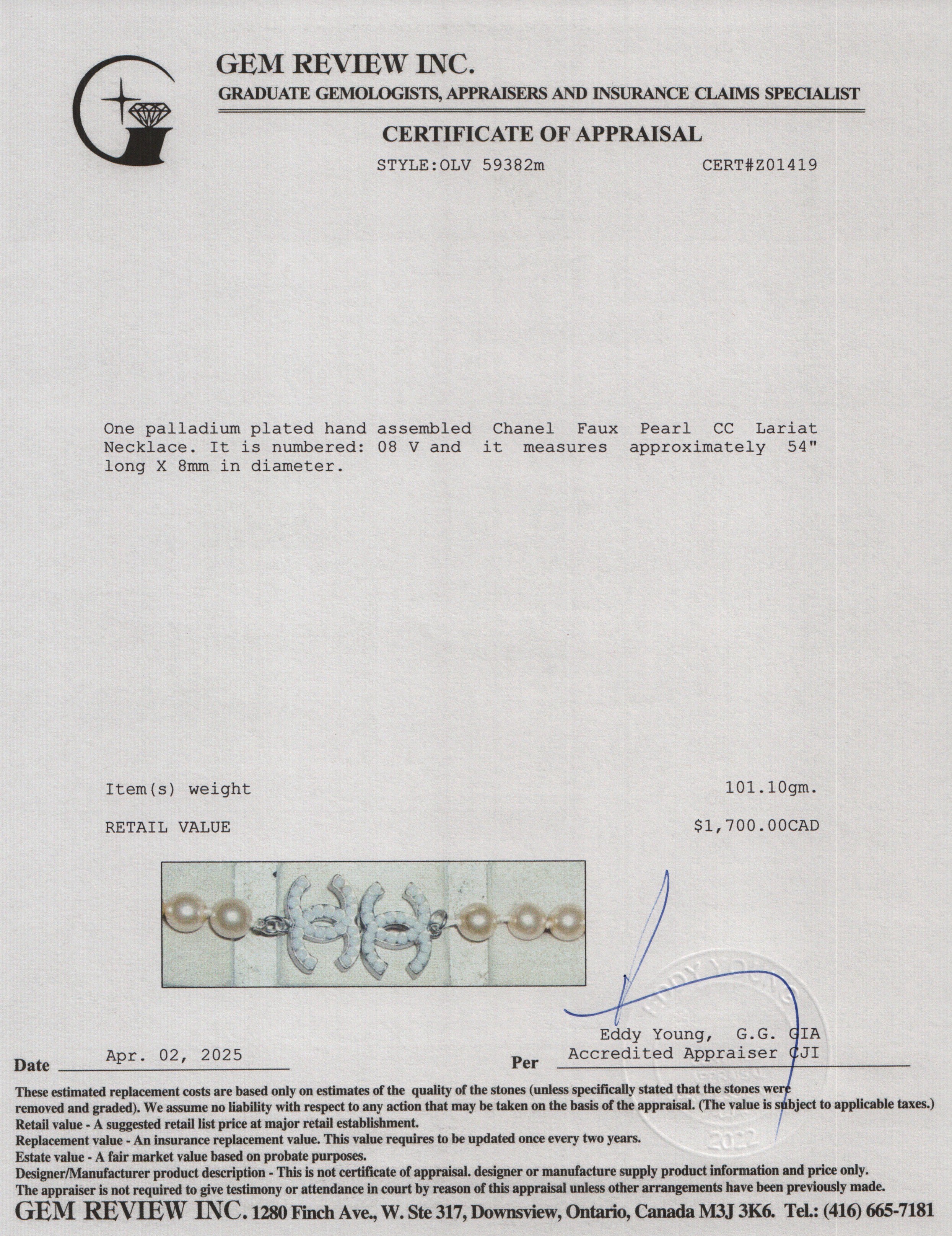 Chanel Palladium-Plated Faux Pearl CC Lariat Necklace w/ Box