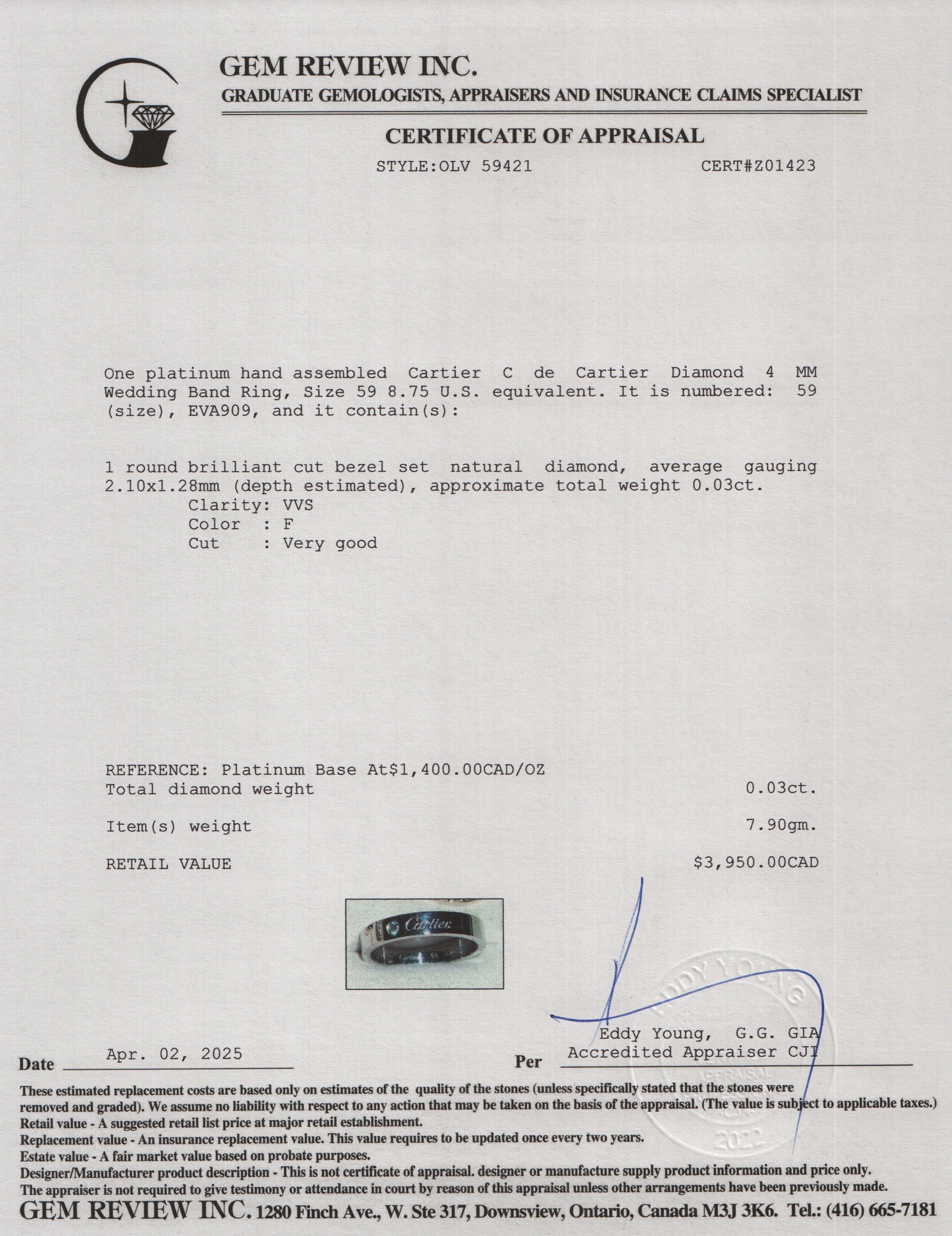 Cartier Platinum C de Cartier Diamond 4 MM Wedding Band Ring, Size 59 8.75