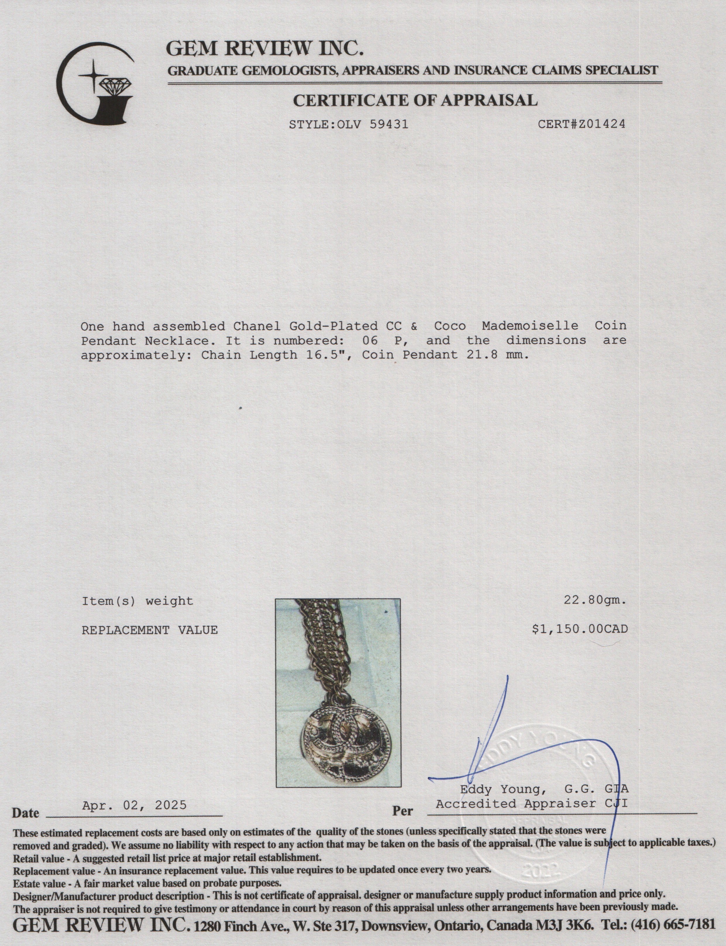 Chanel Gold-Plated CC & Coco Mademoiselle Coin Pendant Necklace w/ Box