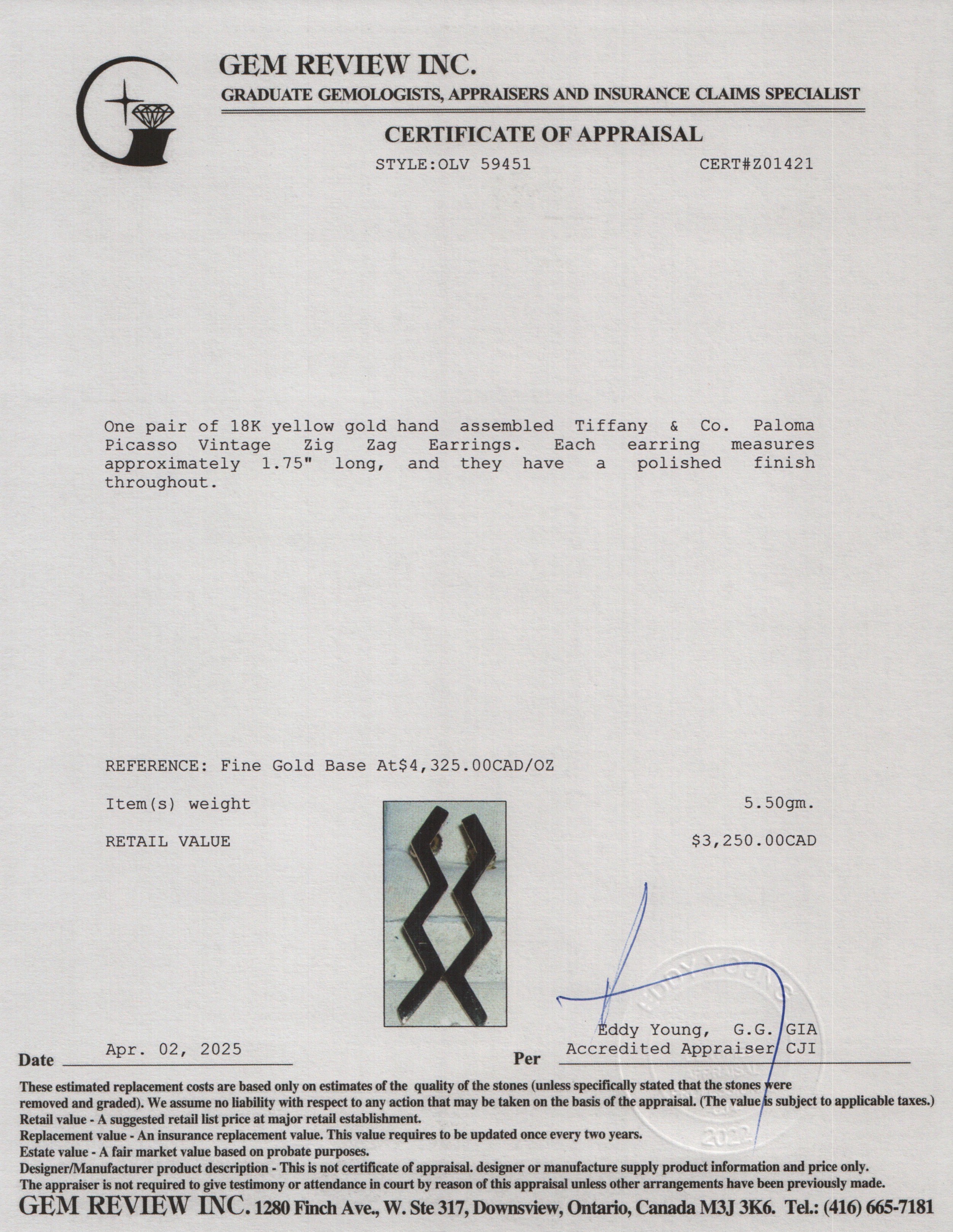 Tiffany & Co. Paloma Picasso Vintage 18k Yellow Gold Zig Zag Earrings w/ Box