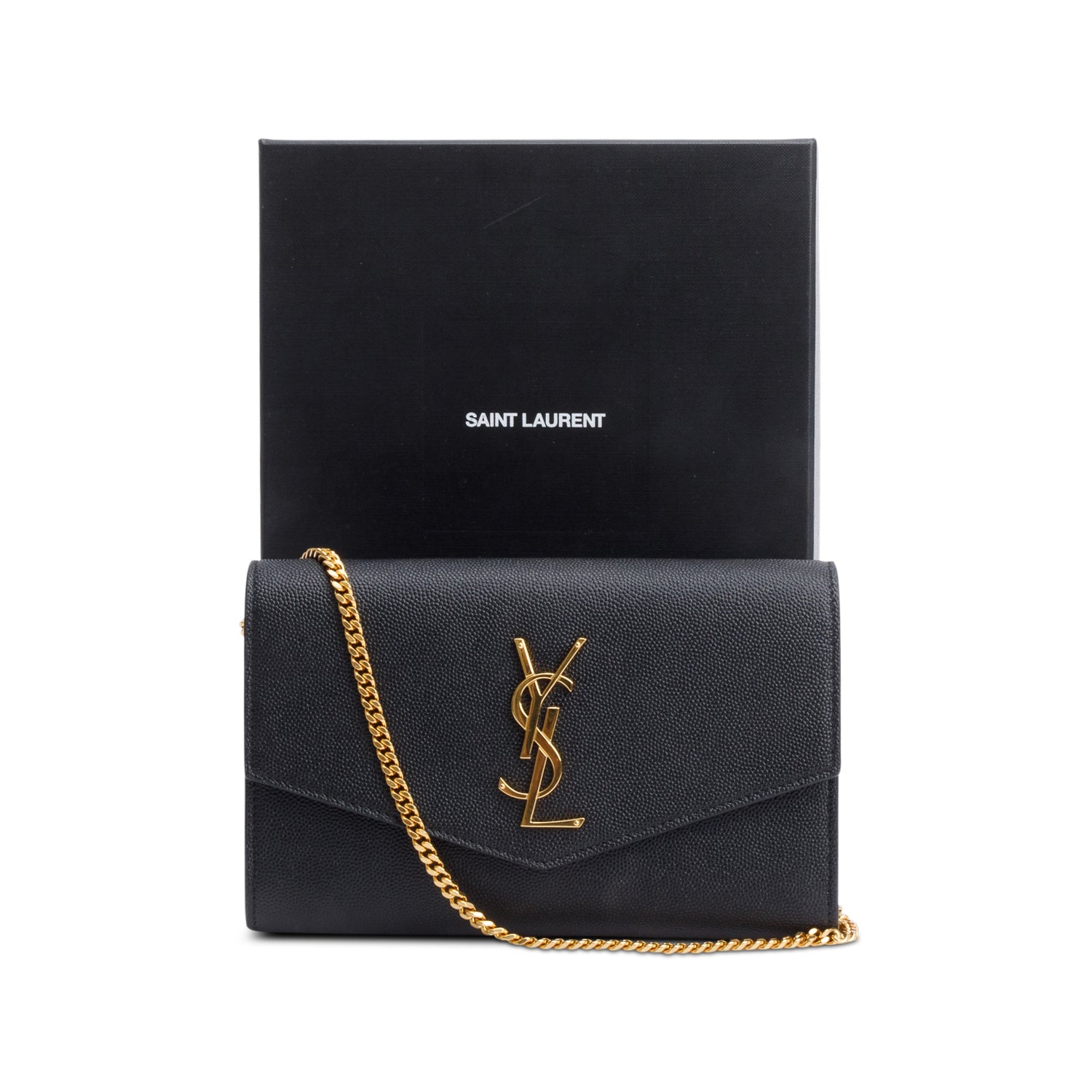 Saint Laurent 2021 Black Grain De Poudre Leather Uptown Chain Wallet w/ Insert & Box