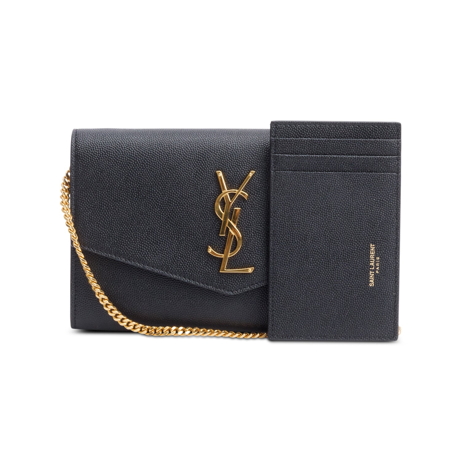 Saint Laurent 2021 Black Grain De Poudre Leather Uptown Chain Wallet w/ Insert & Box