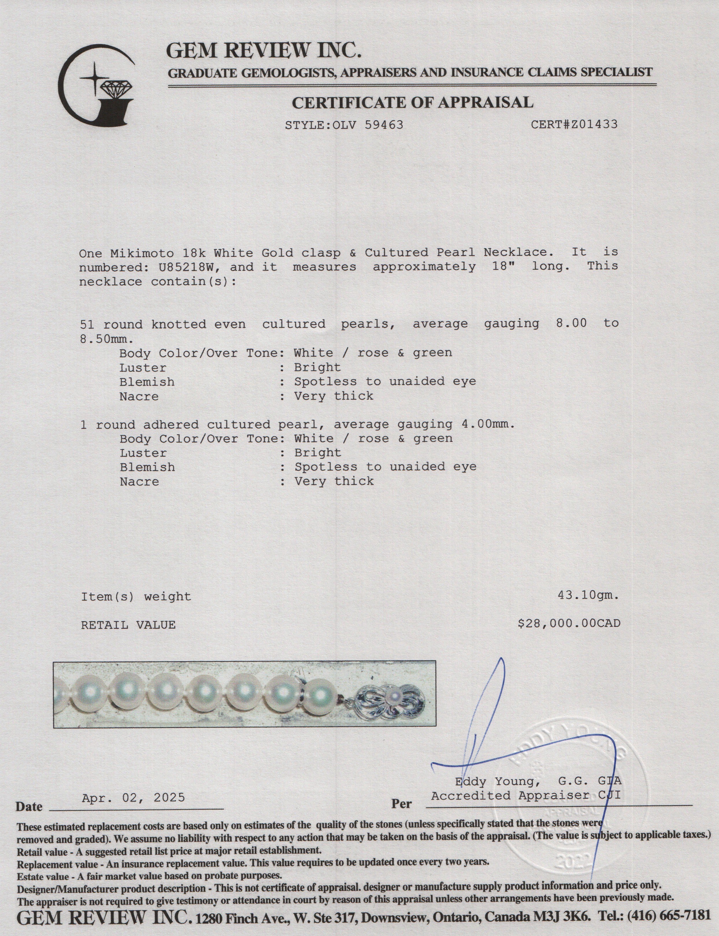 Mikimoto 18k White Gold Cultured A+ Akoya Pearl Necklace w/ Box & Papers