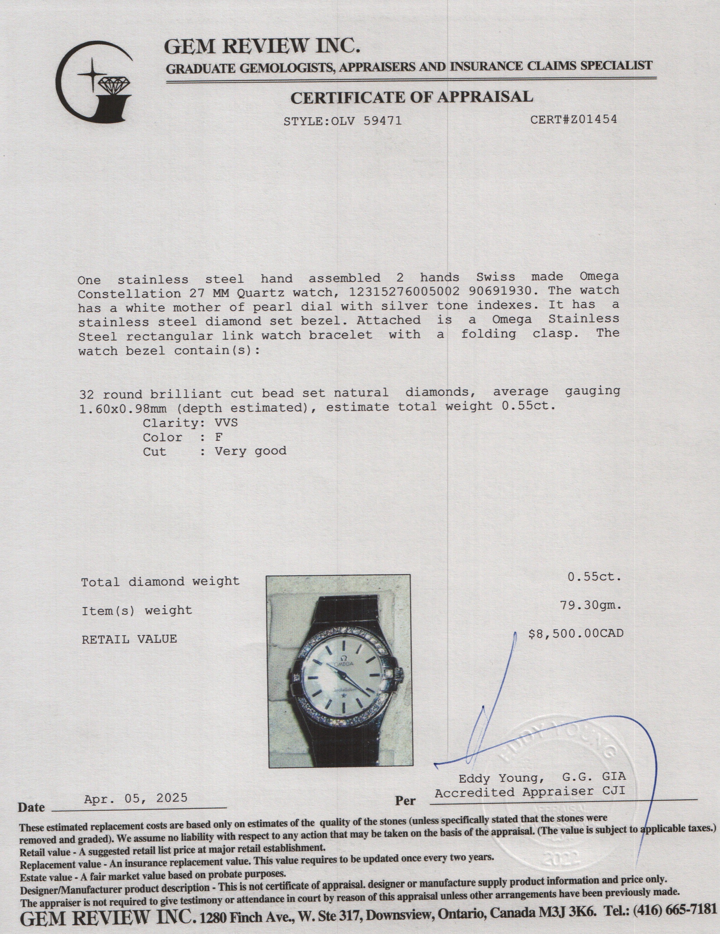 Omega Stainless Steel Diamond Bezel & Mother of Pearl Dial Constellation 27 MM Quartz Watch w/ Papers