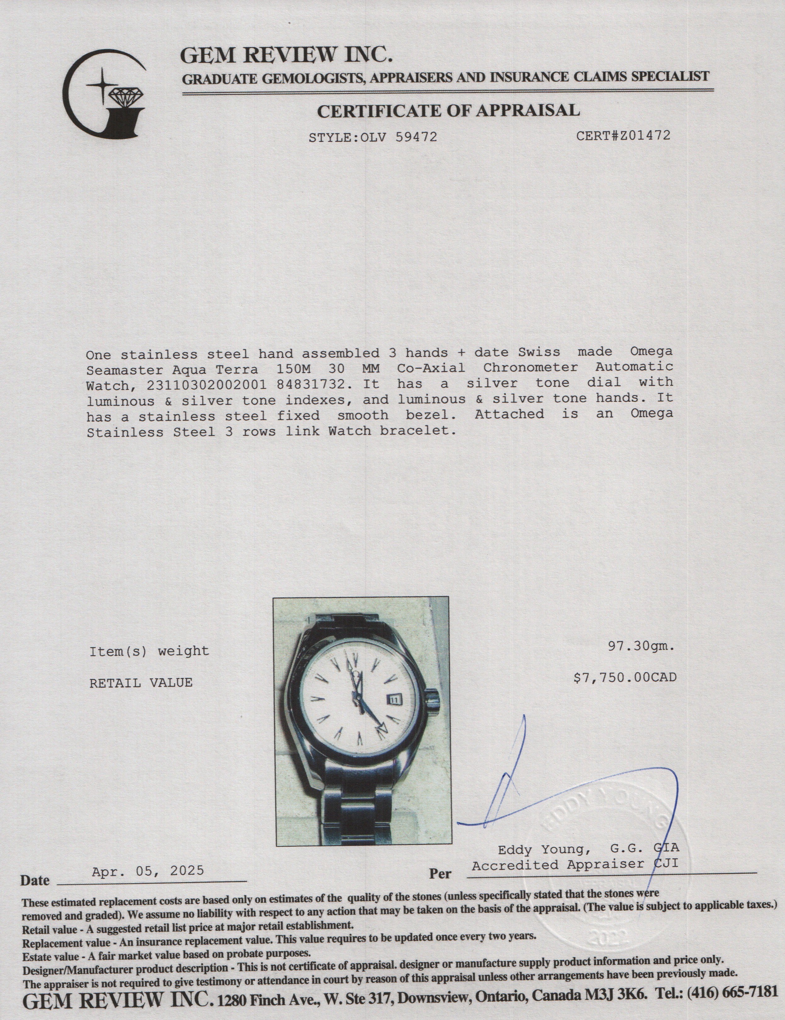 Omega Stainless Steel Seamaster Aqua Terra 150M 30 MM Co-Axial Chronometer Automatic Watch w/ Papers