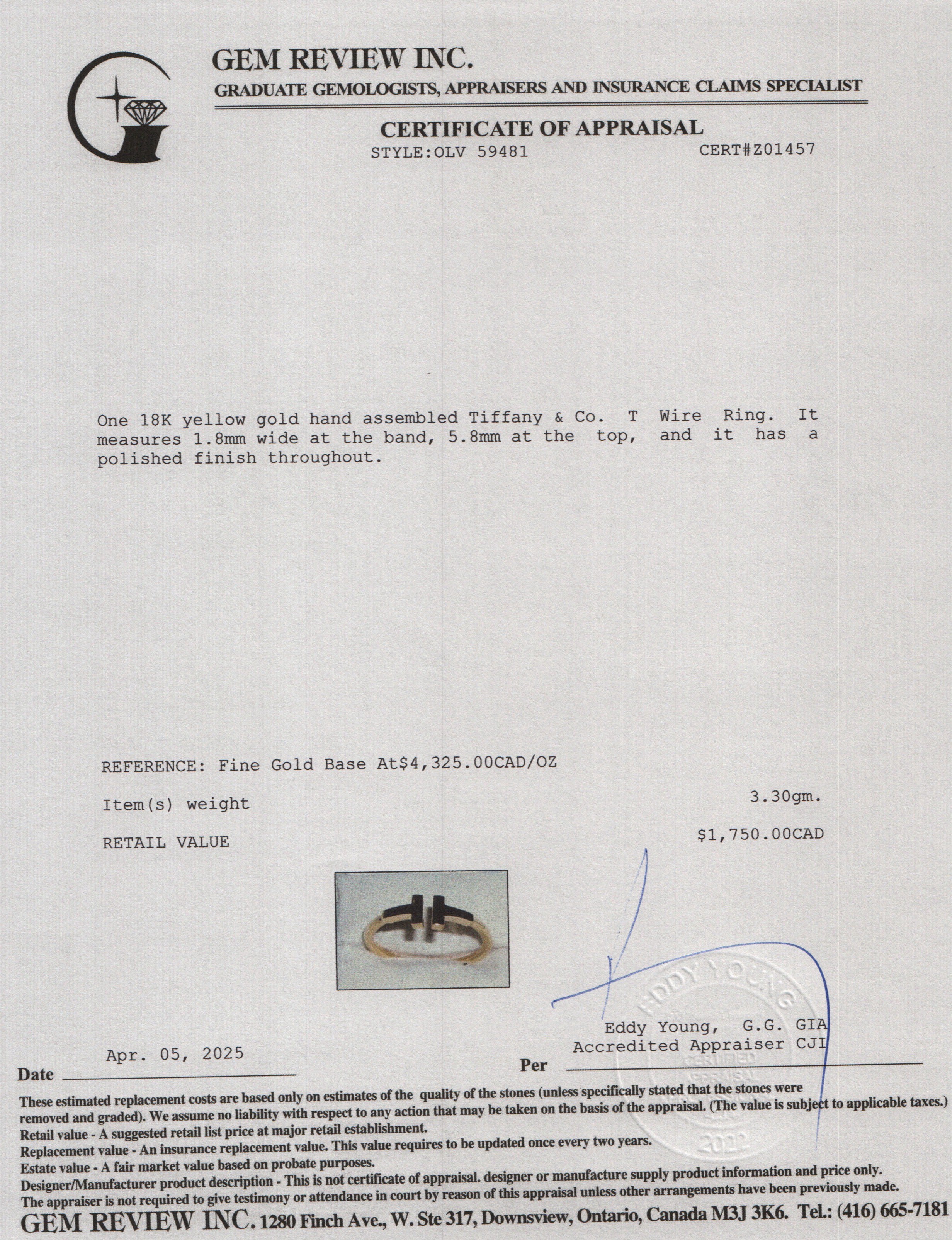 Tiffany & Co. 18k Yellow Gold T Wire Ring, Size 8.75 w/ Box