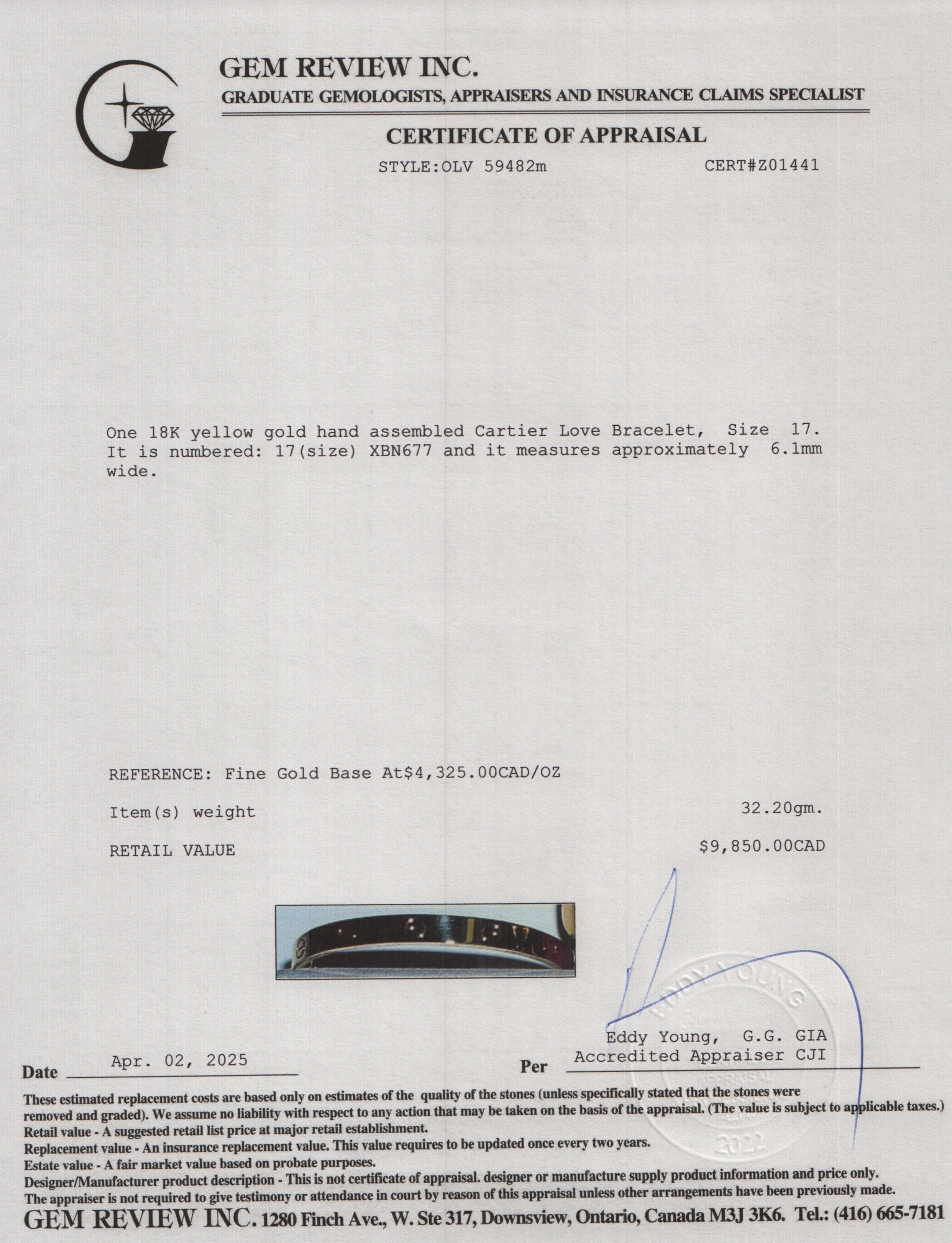 Cartier 2024 18k Yellow Gold Love Bracelet, Size 17 w/ Box & Receipt