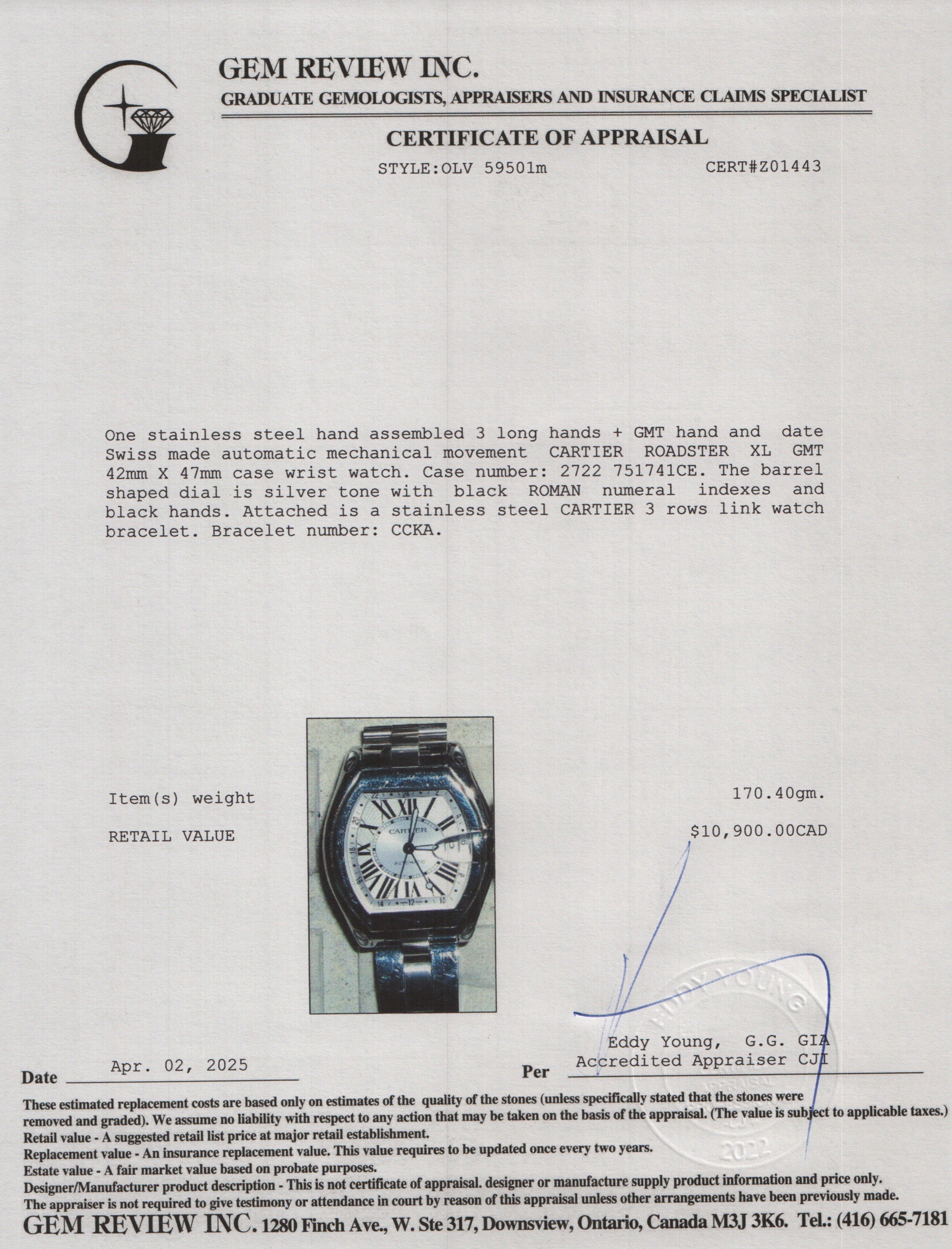 Cartier Stainless Steel Roadster GMT XL Automatic Watch 2722