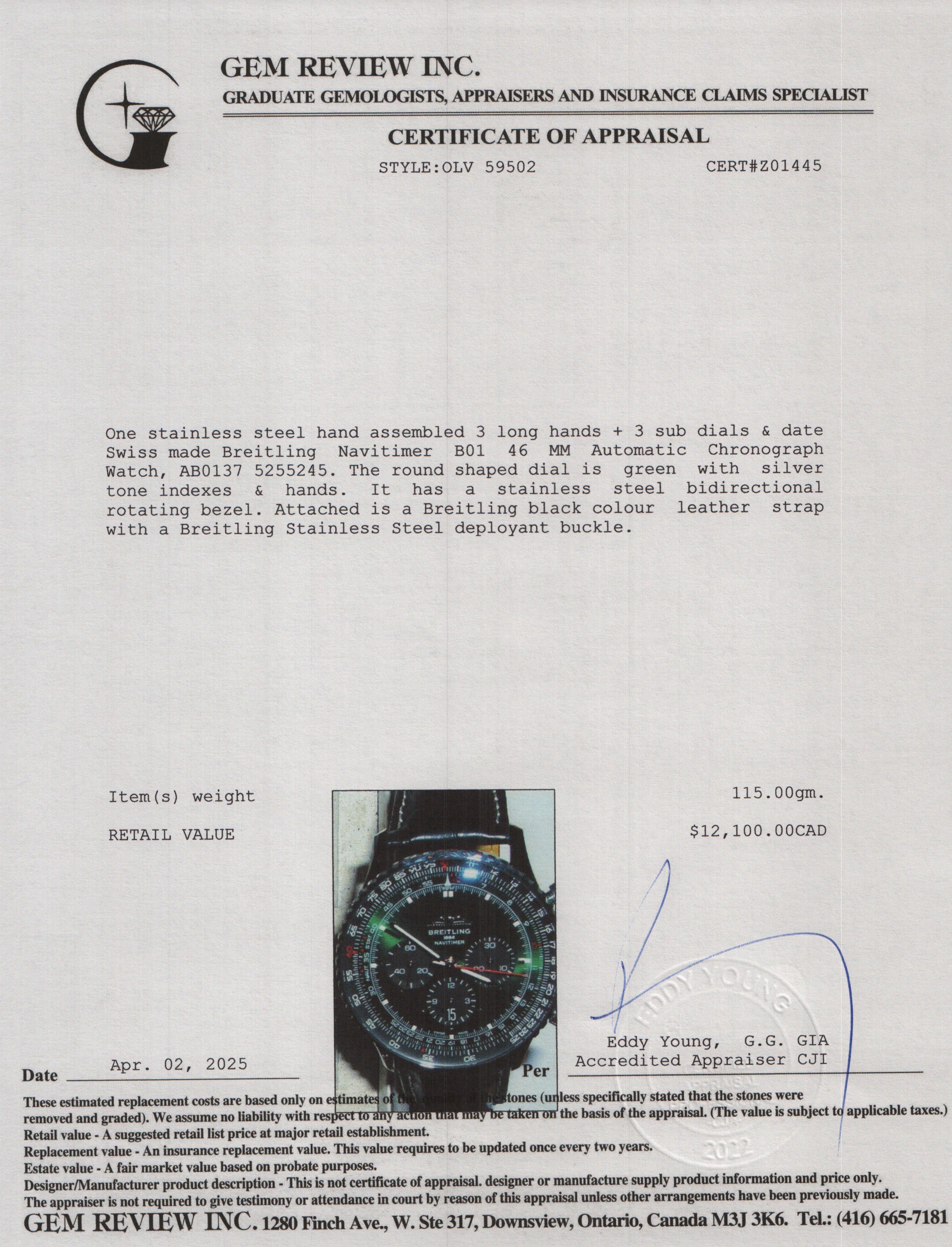 Breitling Stainless Steel Navitimer B01 46 MM Automatic Chronograph Watch Green Dial AB0137 w/ Box & Papers