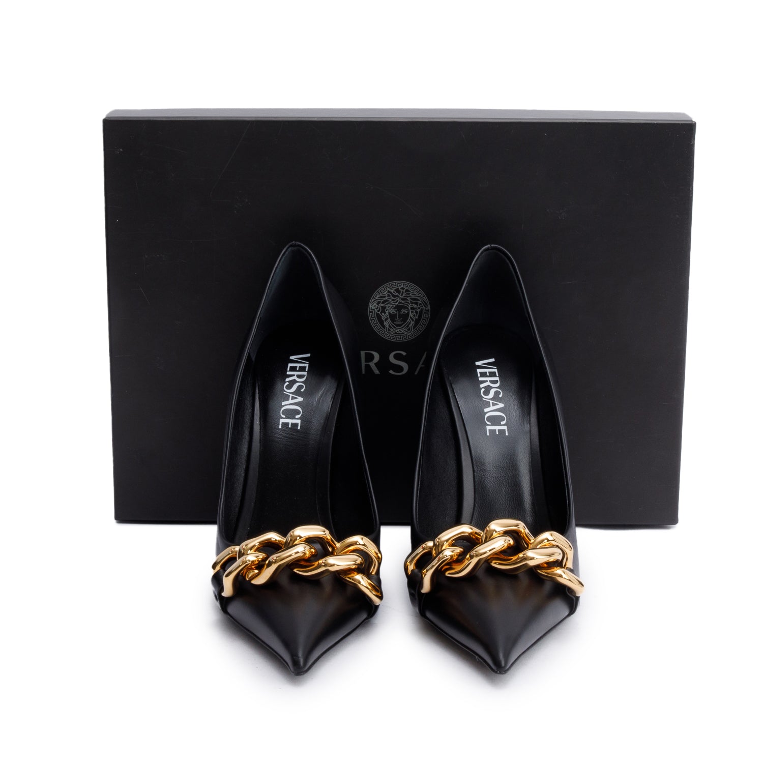 Versace Black Leather Medusa Chain Link Accent Pumps, Size 38 w/ Box