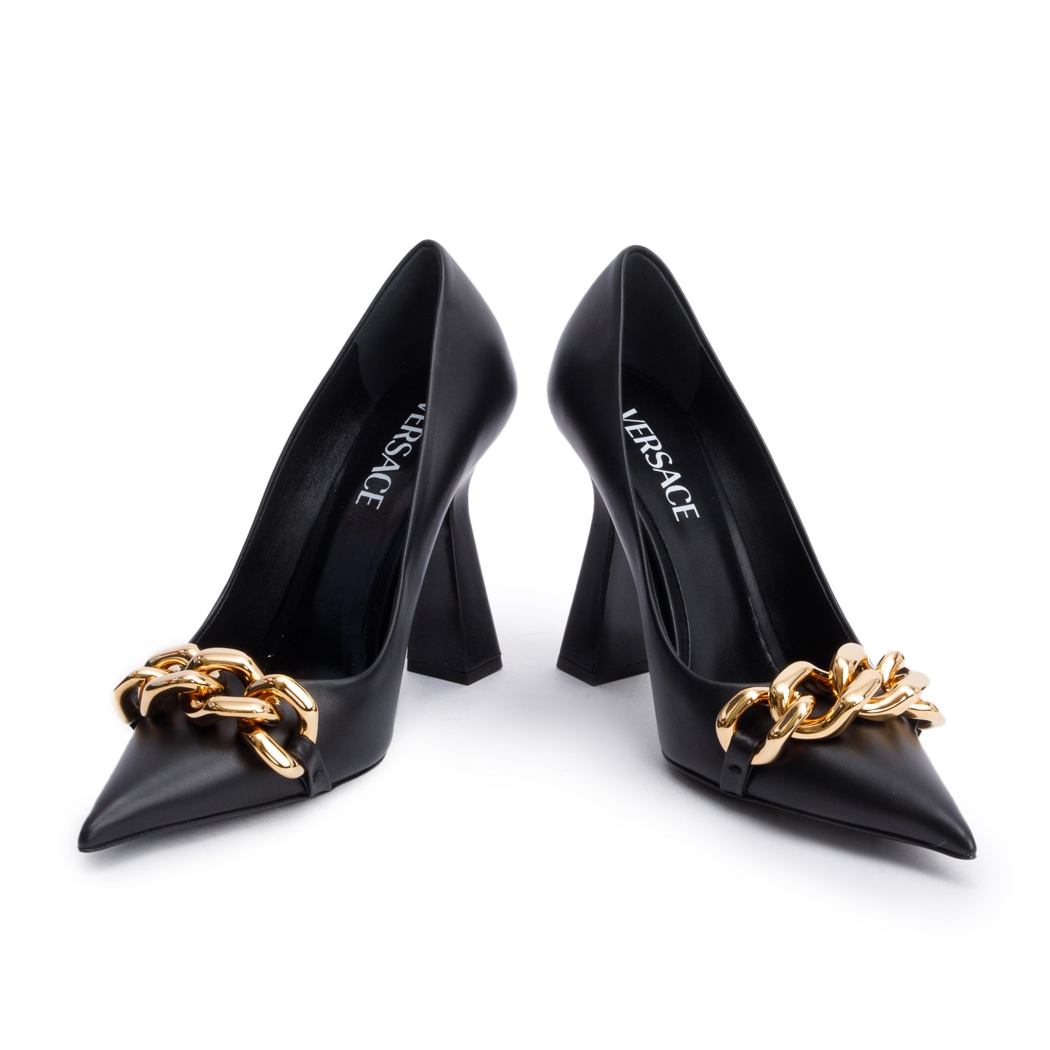 Versace Black Leather Medusa Chain Link Accent Pumps, Size 38 w/ Box