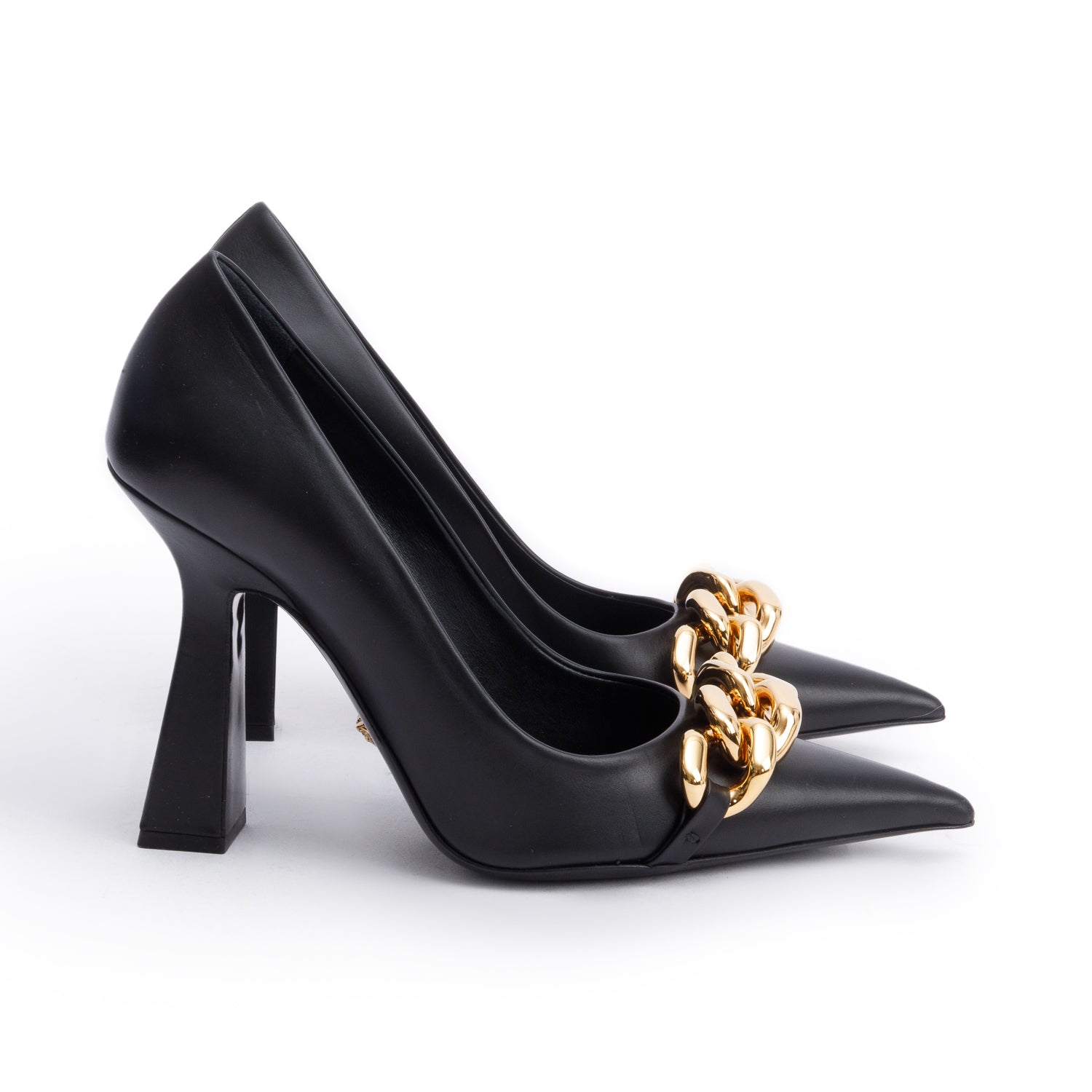 Versace Black Leather Medusa Chain Link Accent Pumps, Size 38 w/ Box