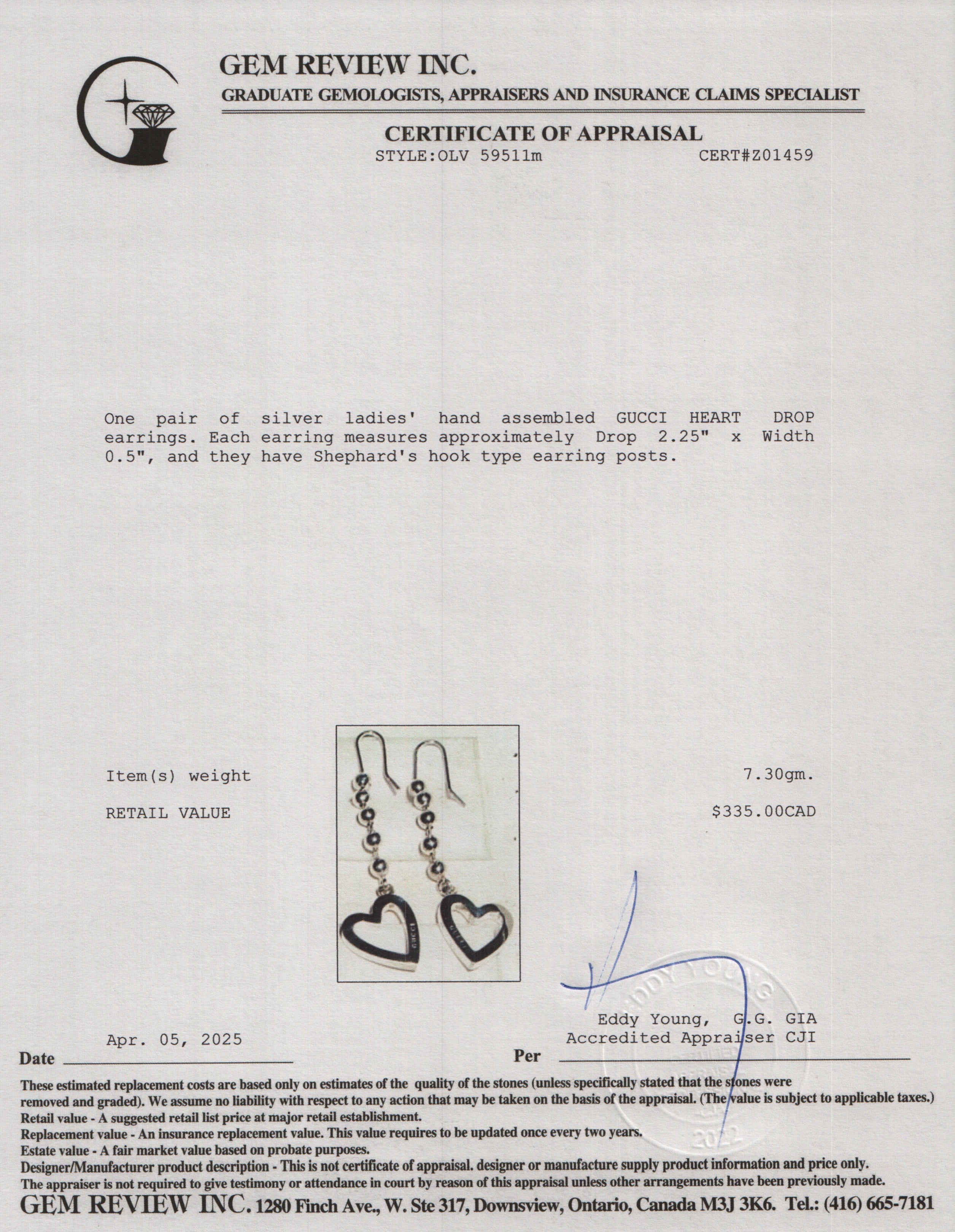 Gucci Sterling Silver Heart Drop Earrings w/ Box