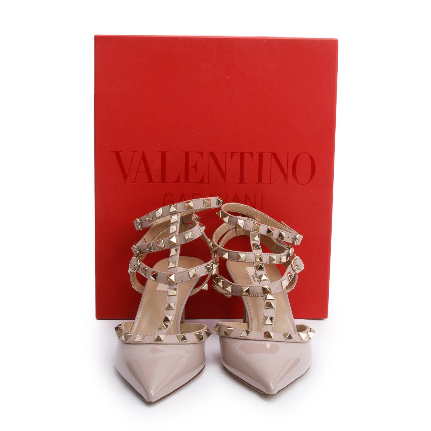 Valentino Beige Patent Leather Rockstud Ankle Strap Pumps, Size 39.5 w/ Box