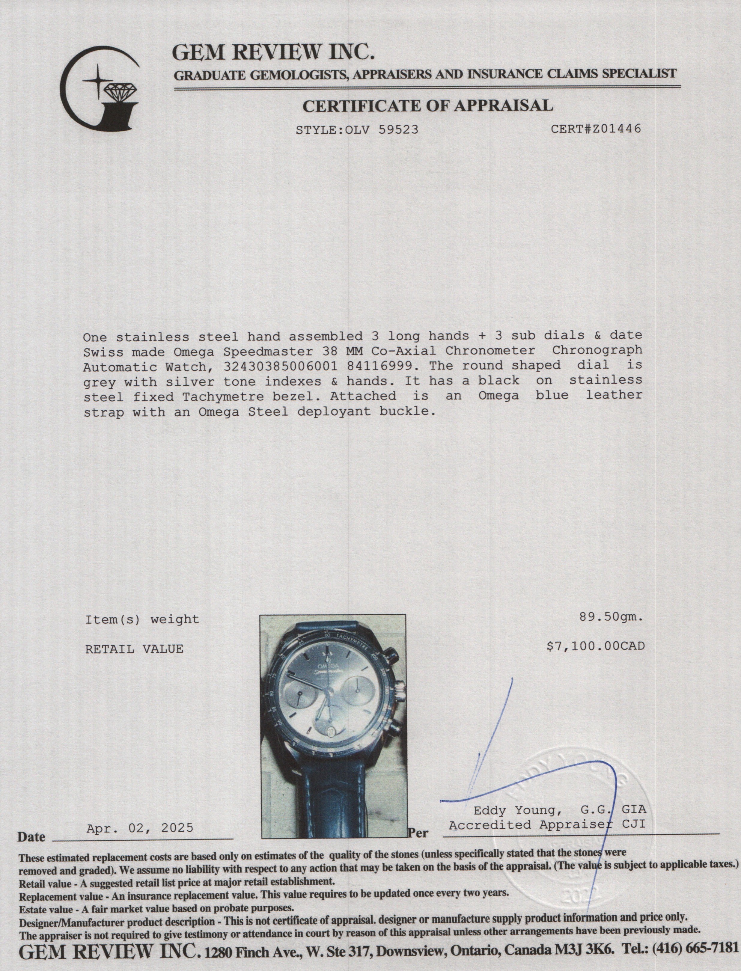 Omega Stainless Steel Speedmaster 38 MM Co-Axial Chronometer Chronograph Automatic Watch w/ Pouch, Papers & Extra Strap