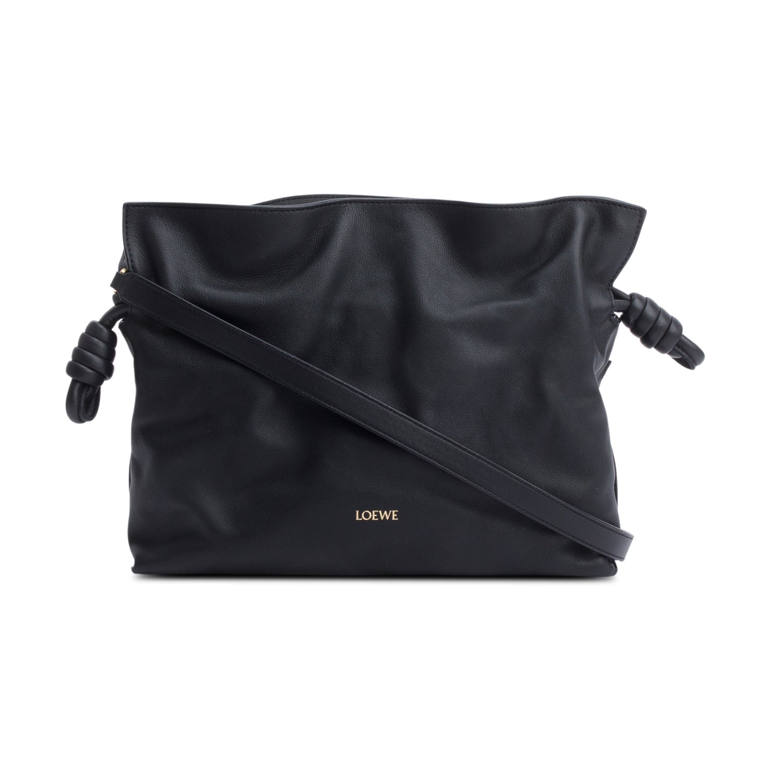 Loewe 2024 Black Nappa Leather Medium Flamenco Clutch Crossbody Bag w/ Strap