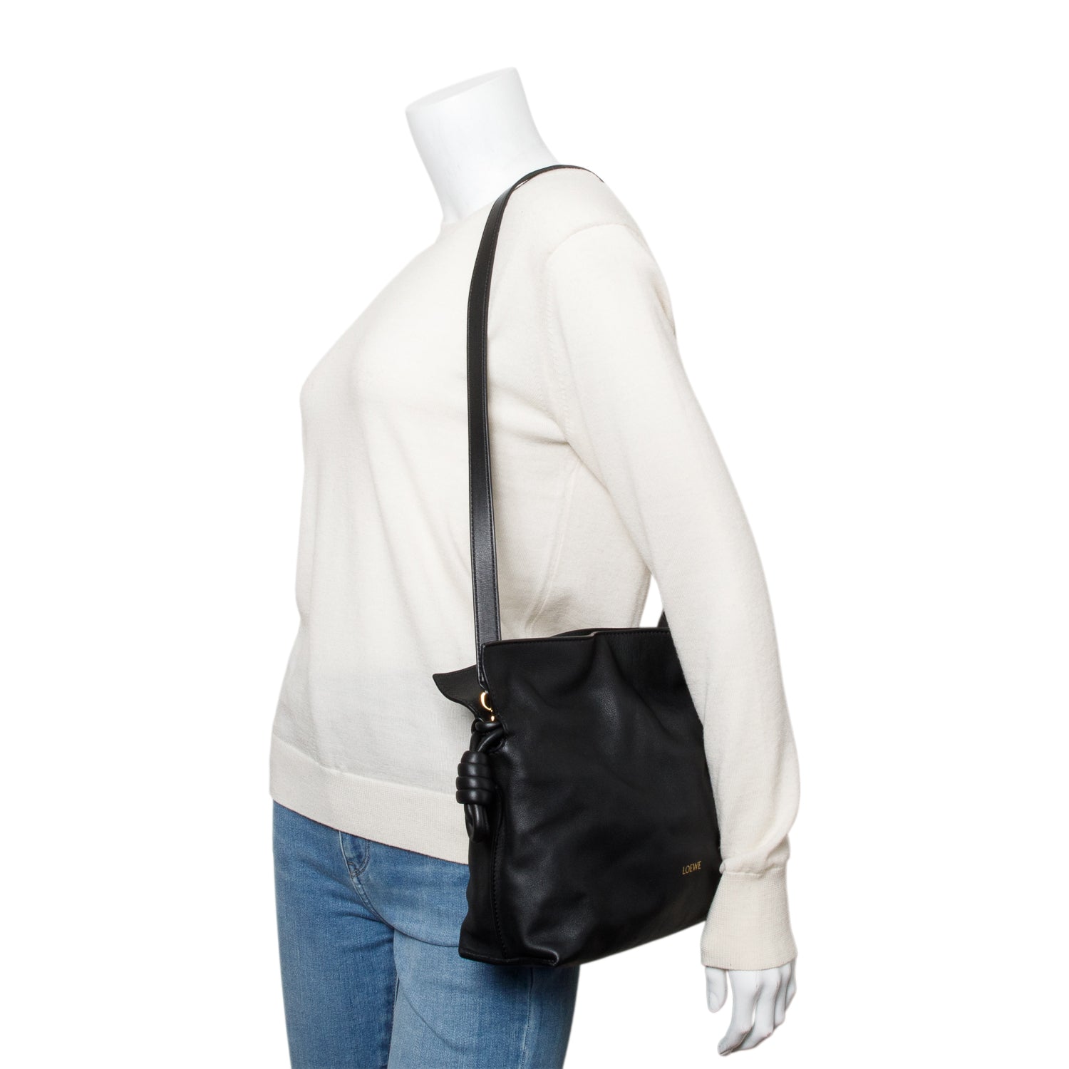 Loewe 2024 Black Nappa Leather Medium Flamenco Clutch Crossbody Bag w/ Strap