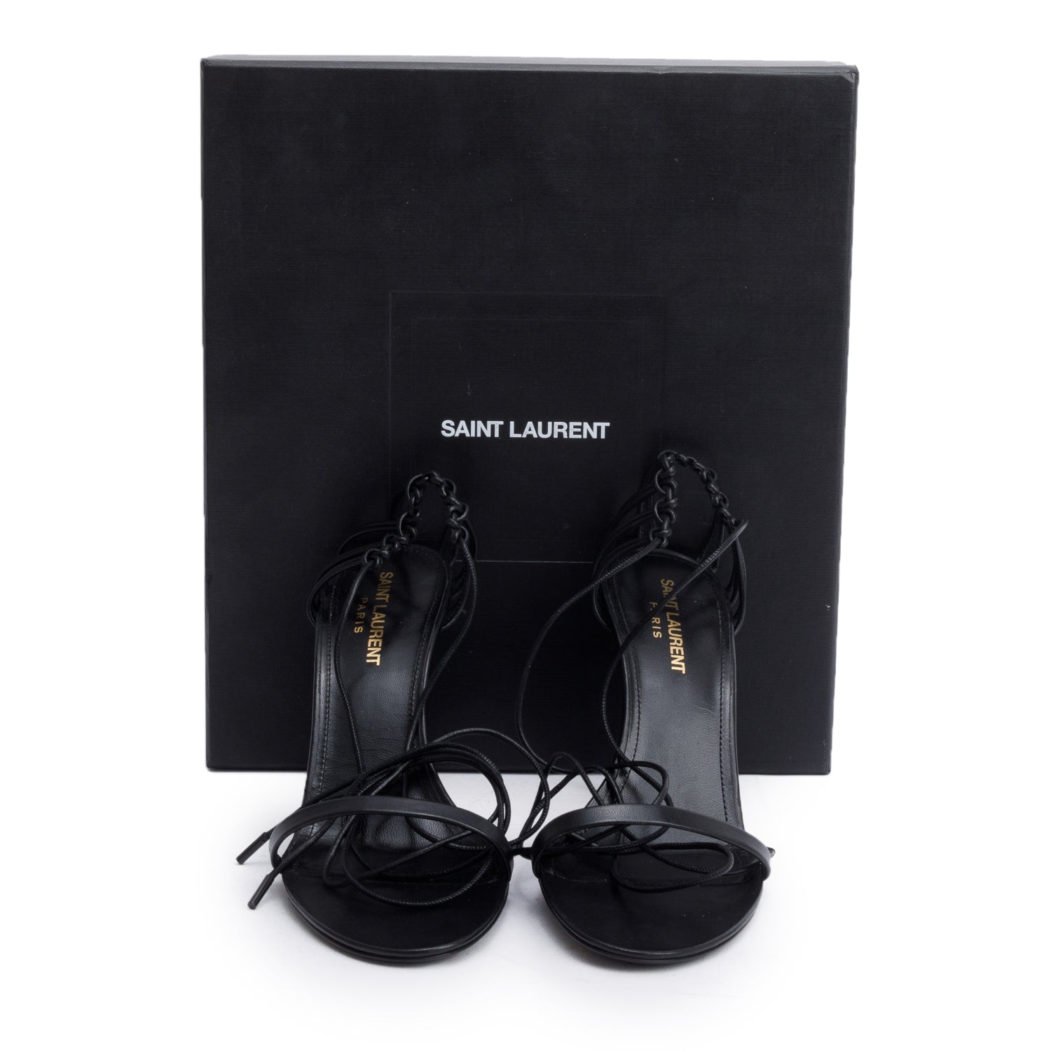 Saint Laurent Black Leather Lexi 90 Ankle Strap Heeled Sandals, Size 38 w/ Box