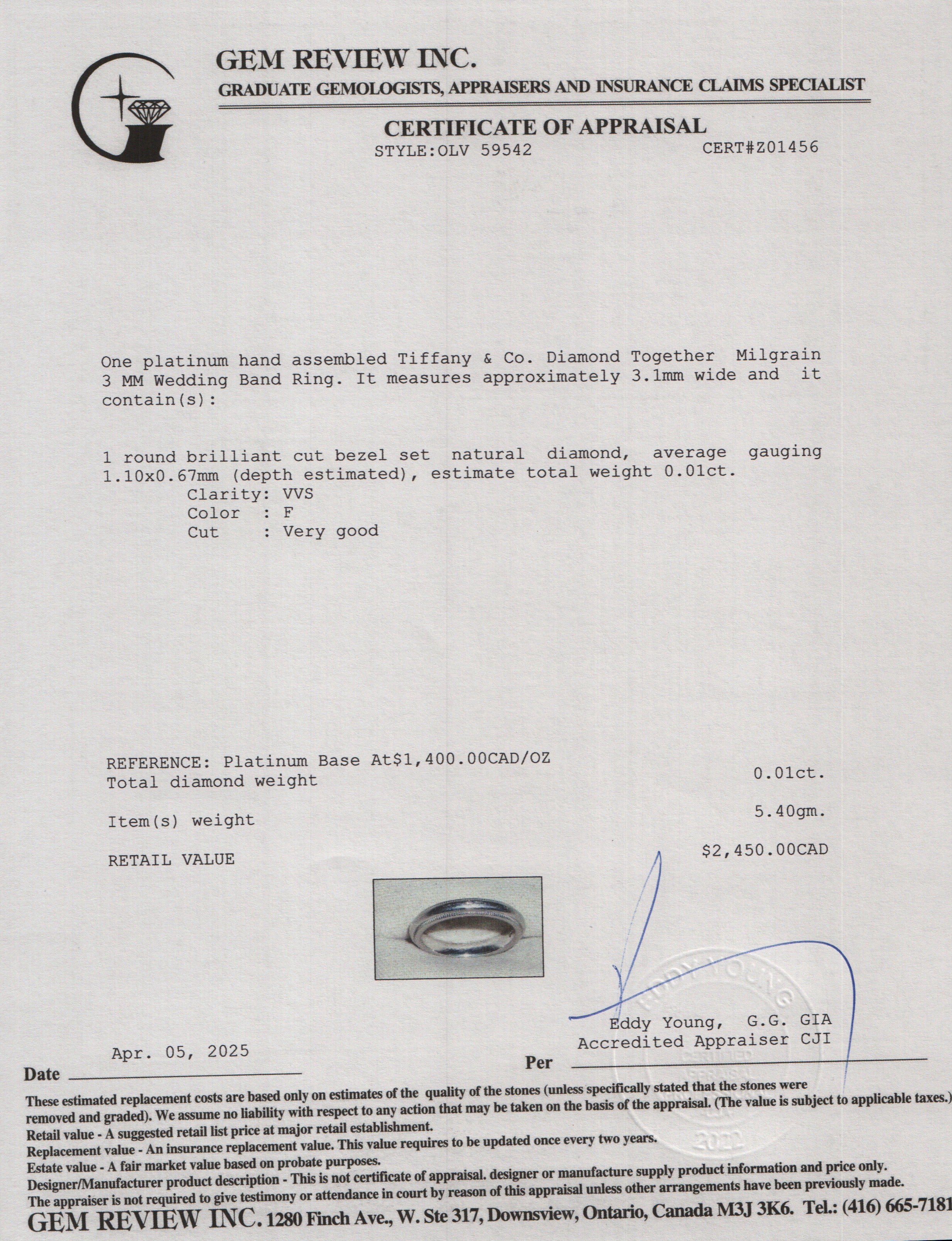 Tiffany & Co. Platinum Diamond Together Milgrain 3 MM Wedding Band Ring, Size 5.25