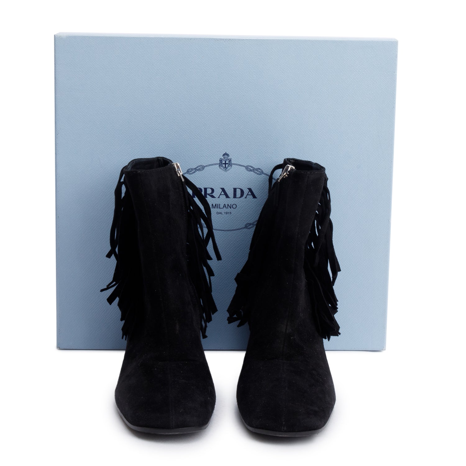 Prada Black Suede Fringe Ankle Boots, Size 38 w/ Box