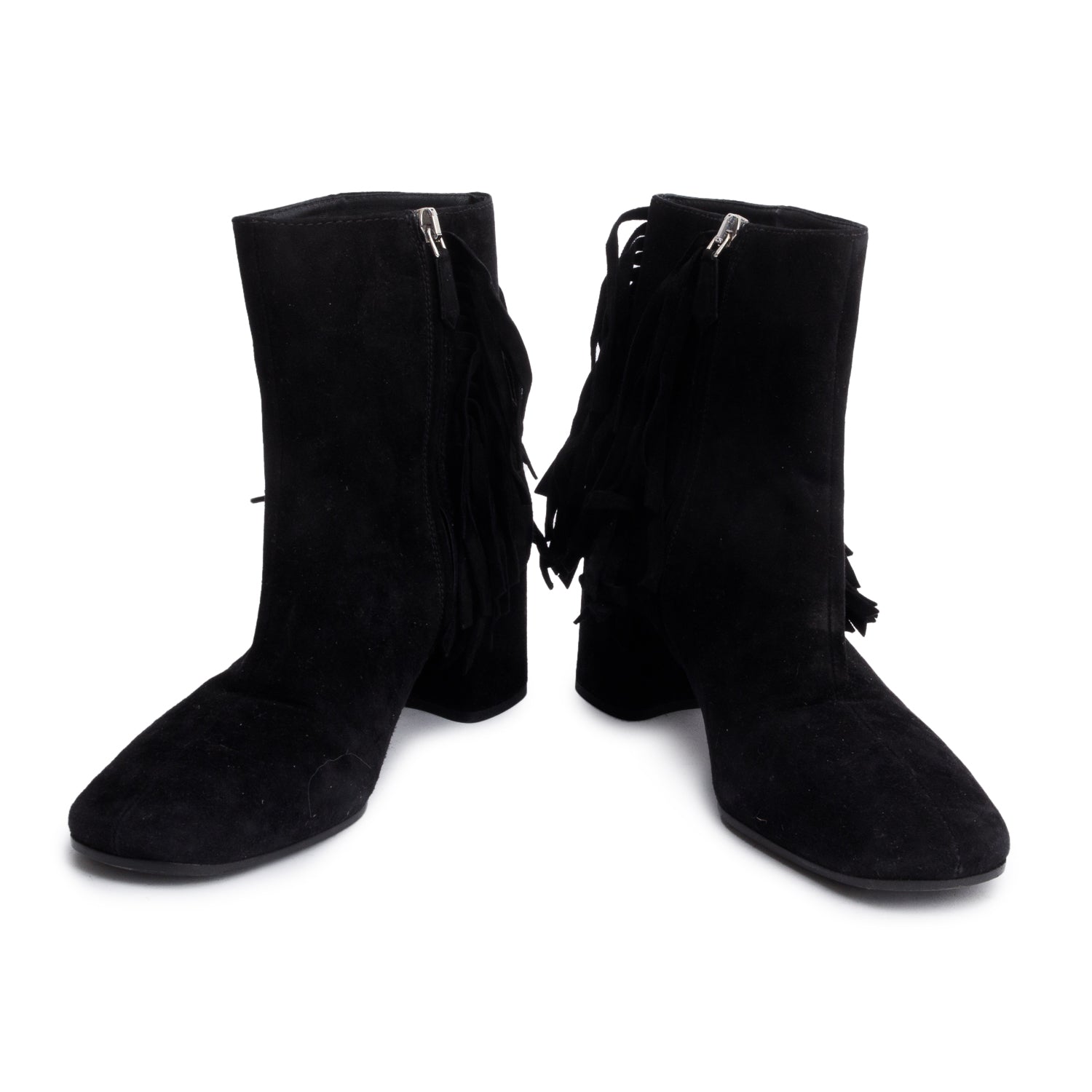 Prada Black Suede Fringe Ankle Boots, Size 38 w/ Box