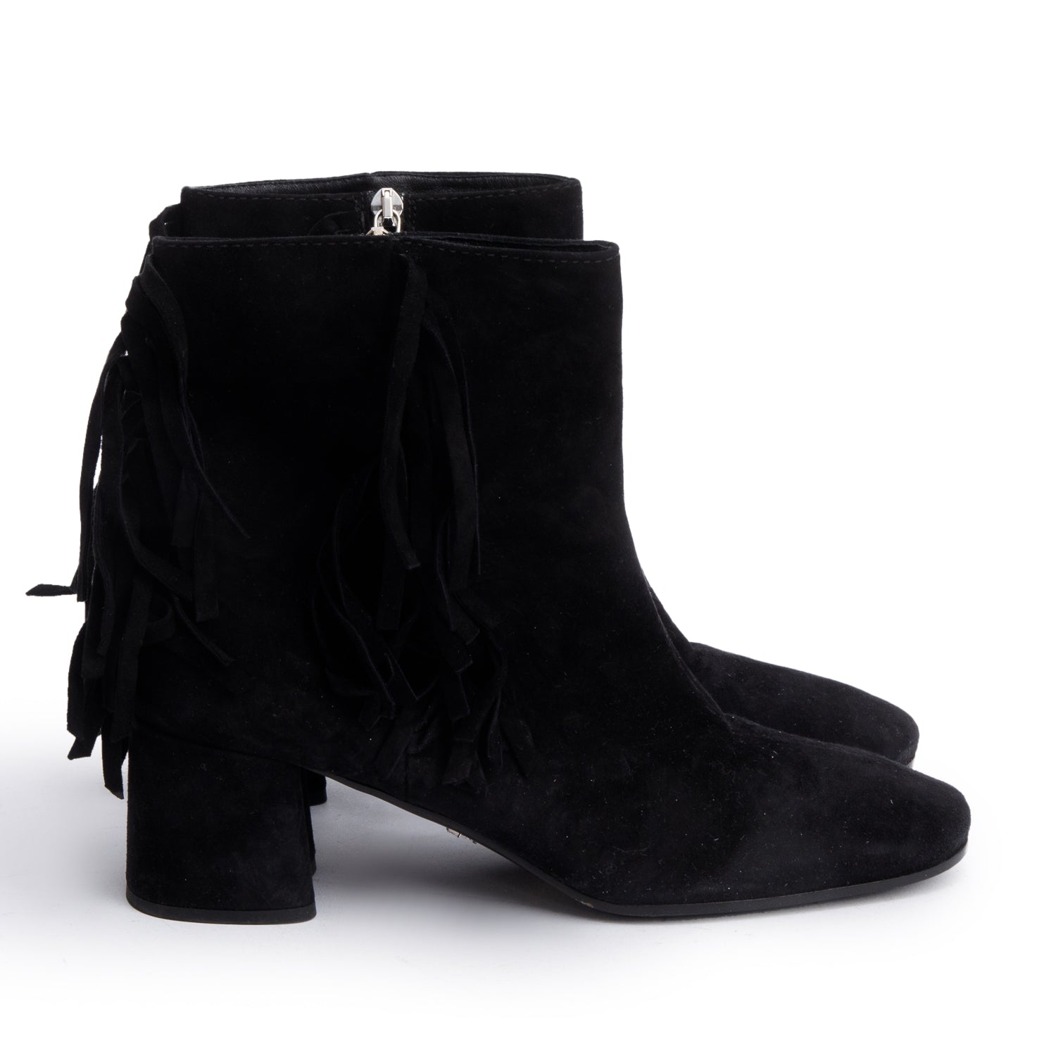 Prada Black Suede Fringe Ankle Boots, Size 38 w/ Box