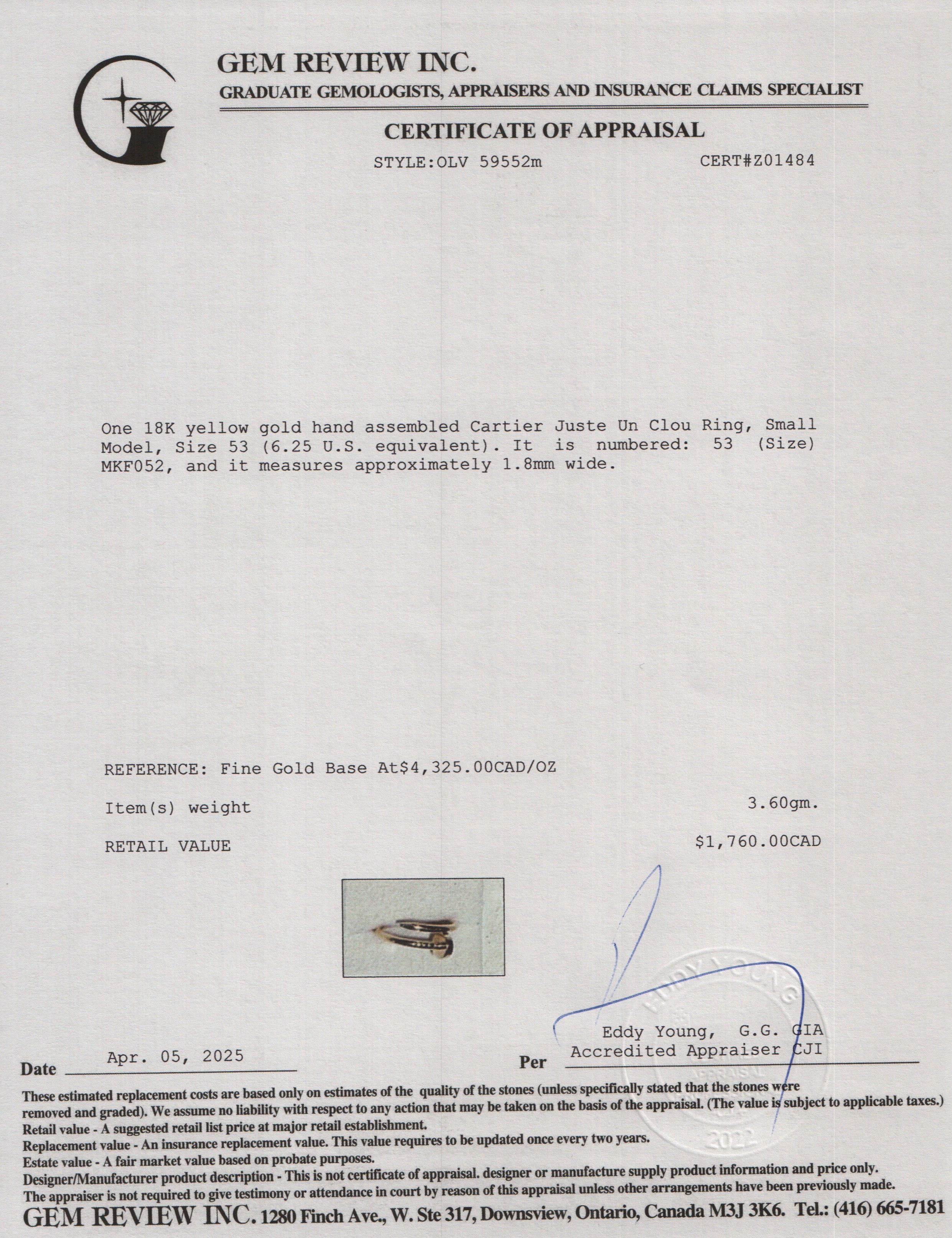 Cartier 18k Yellow Gold Juste Un Clou Ring, Small Model, Size 53 6.25 w/ Box & Certificate