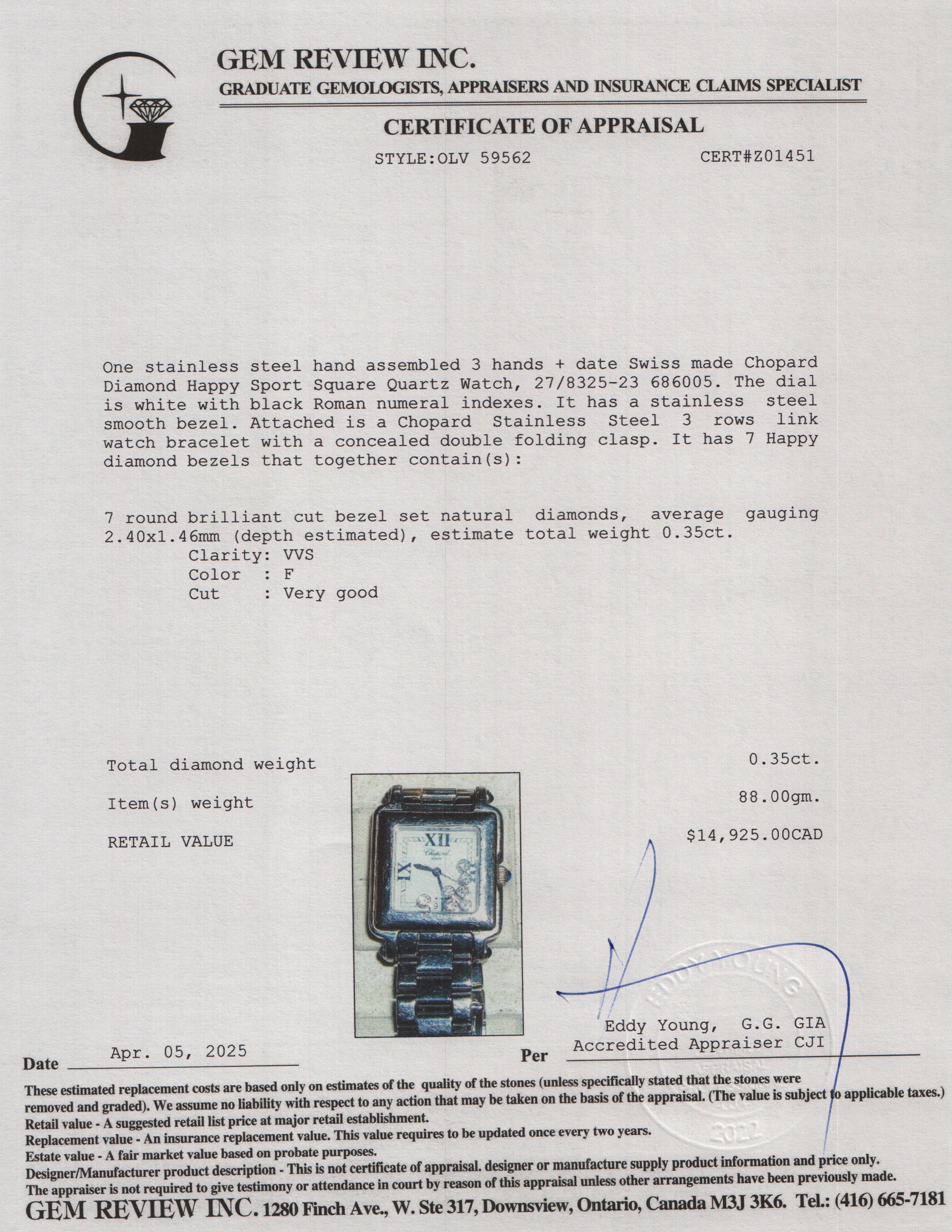 Chopard Stainless Steel Diamond Happy Sport Square Quartz Watch w/ Papers