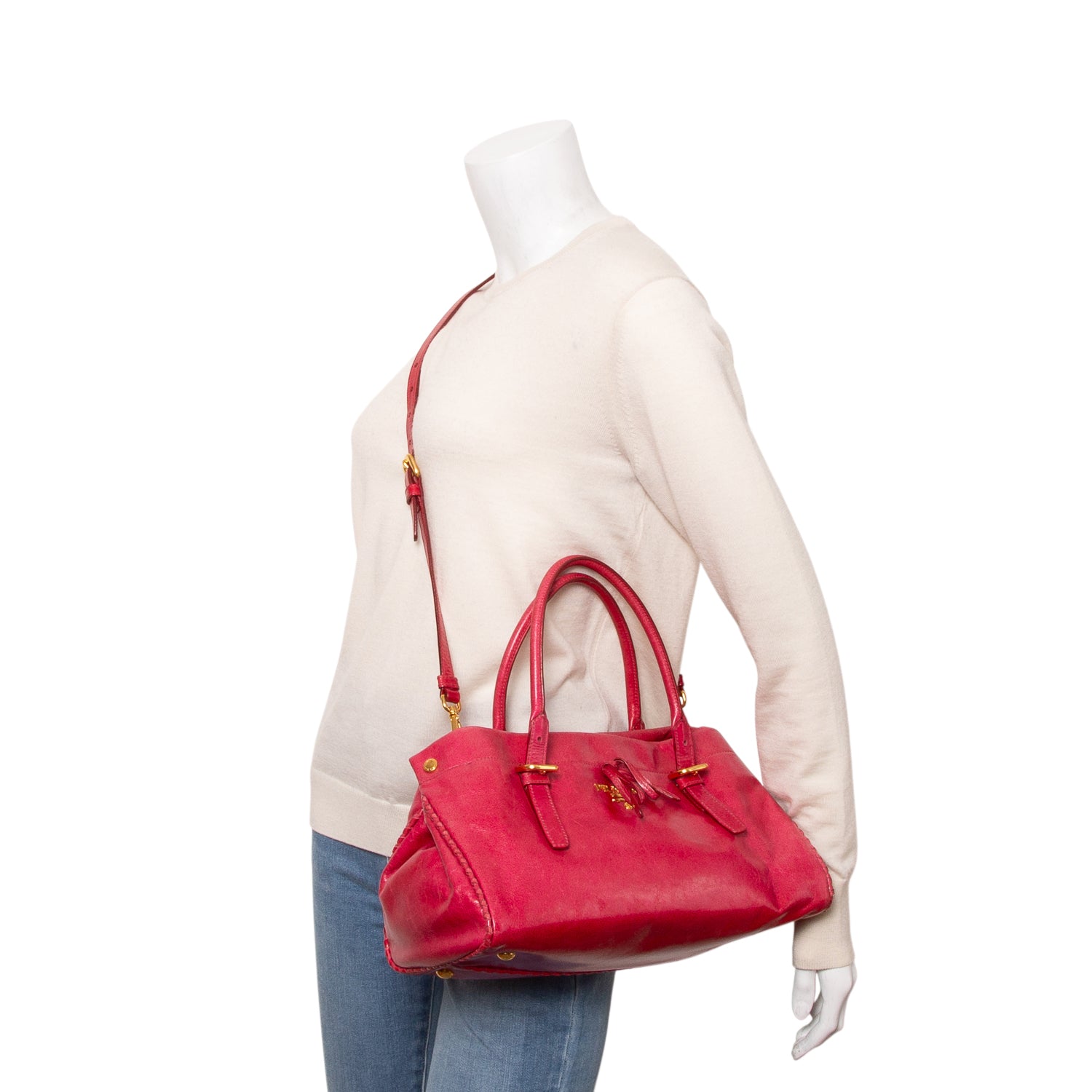 Prada Red Vitello Shine Leather Whipstitch Bow Tote w/ Strap