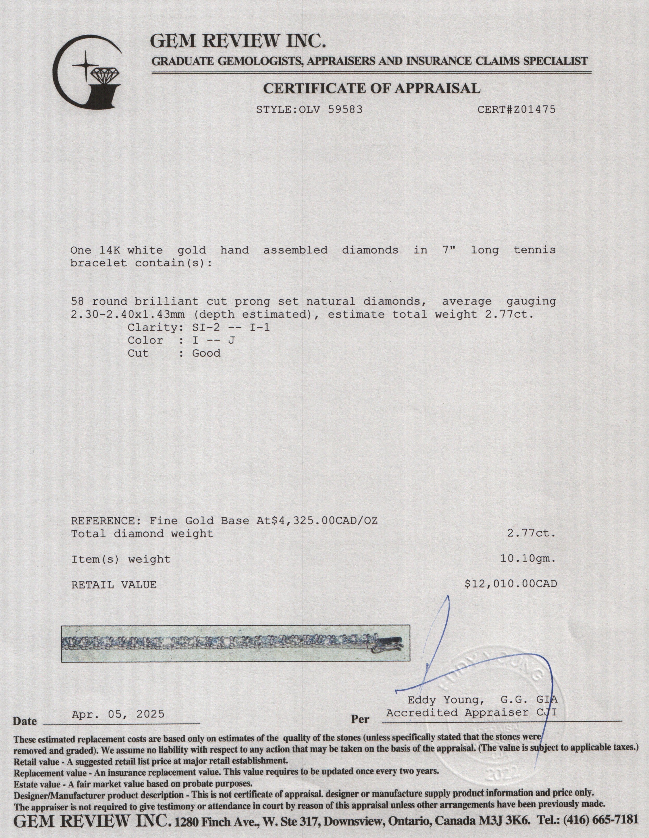 14k White Gold 2.77 tcw. Diamond Tennis Bracelet