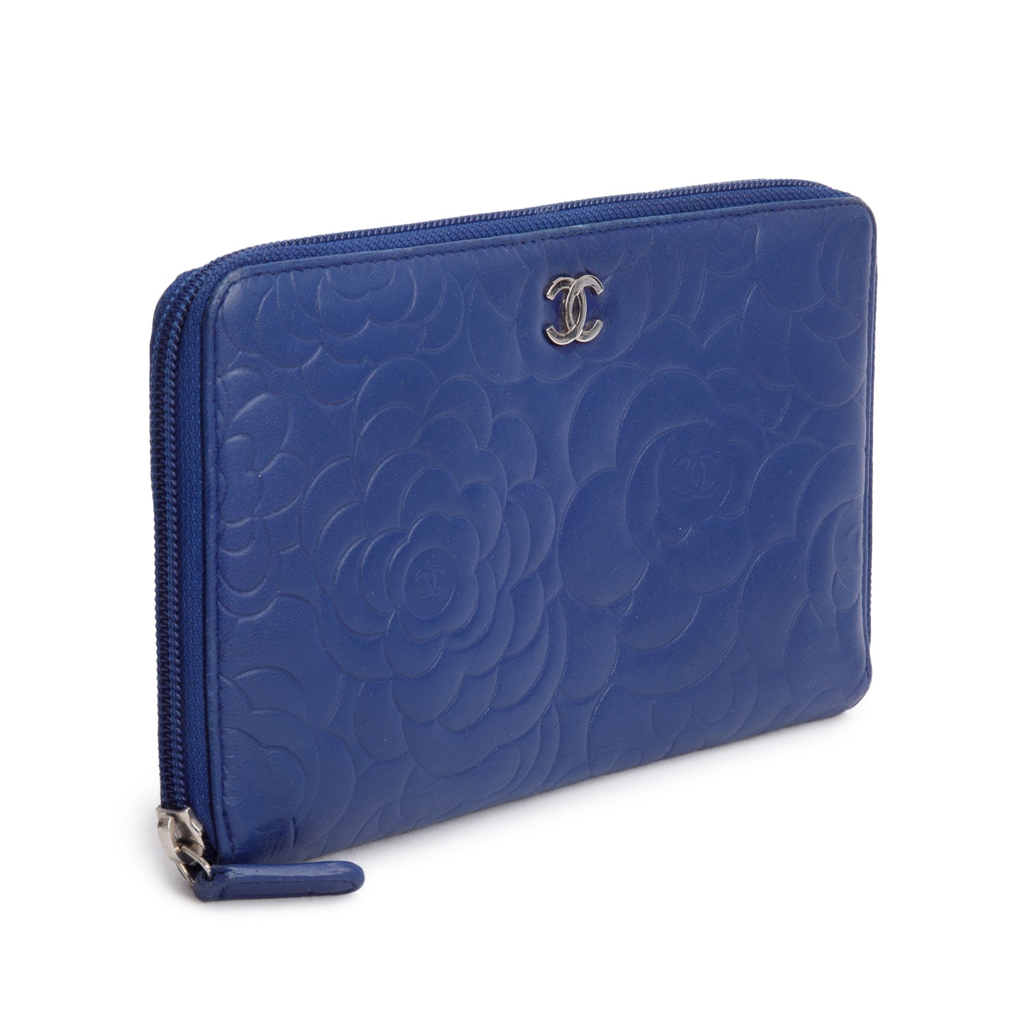 Chanel Blue Camellia Embossed Lambskin Leather Large Zip Wallet Organizer