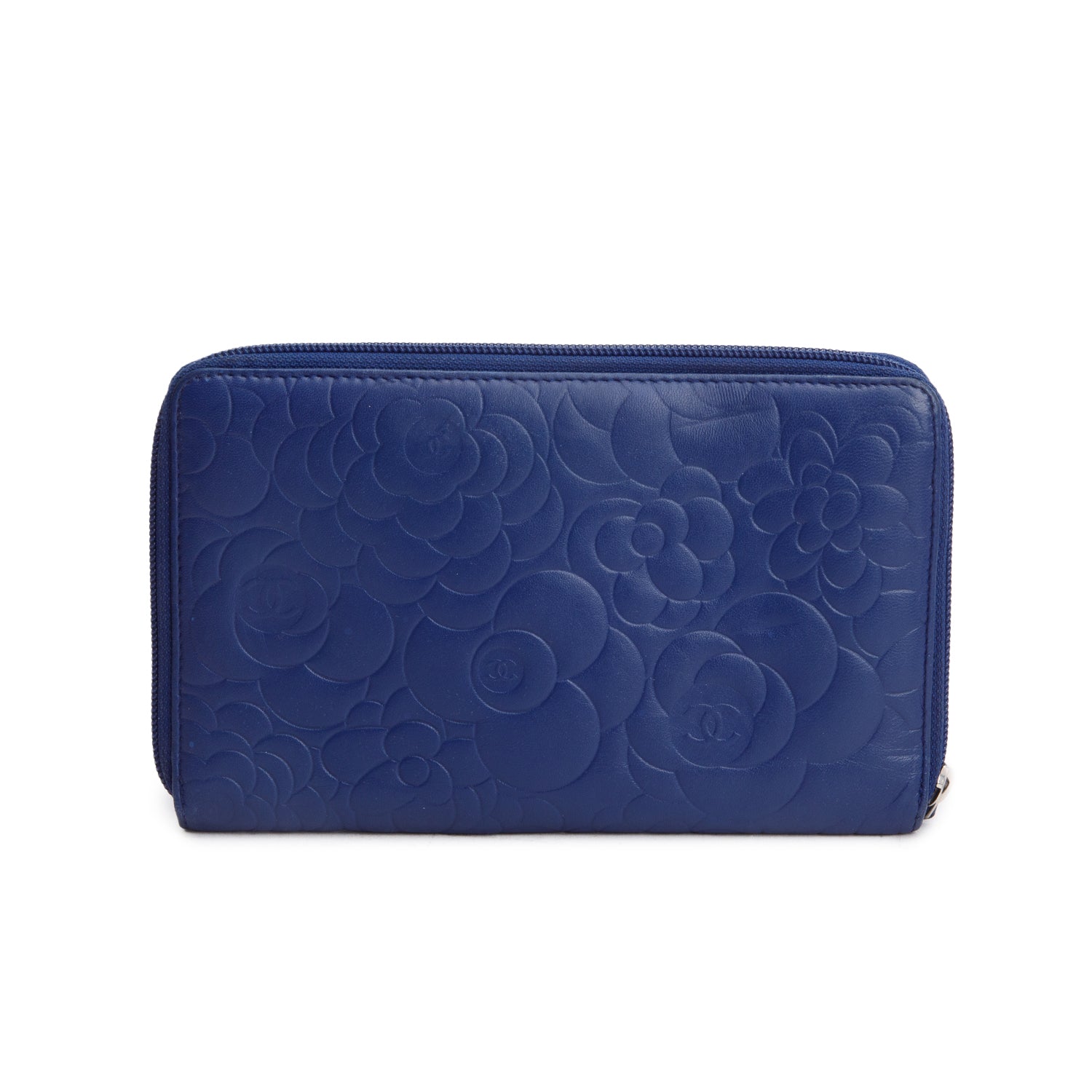 Chanel Blue Camellia Embossed Lambskin Leather Large Zip Wallet Organizer