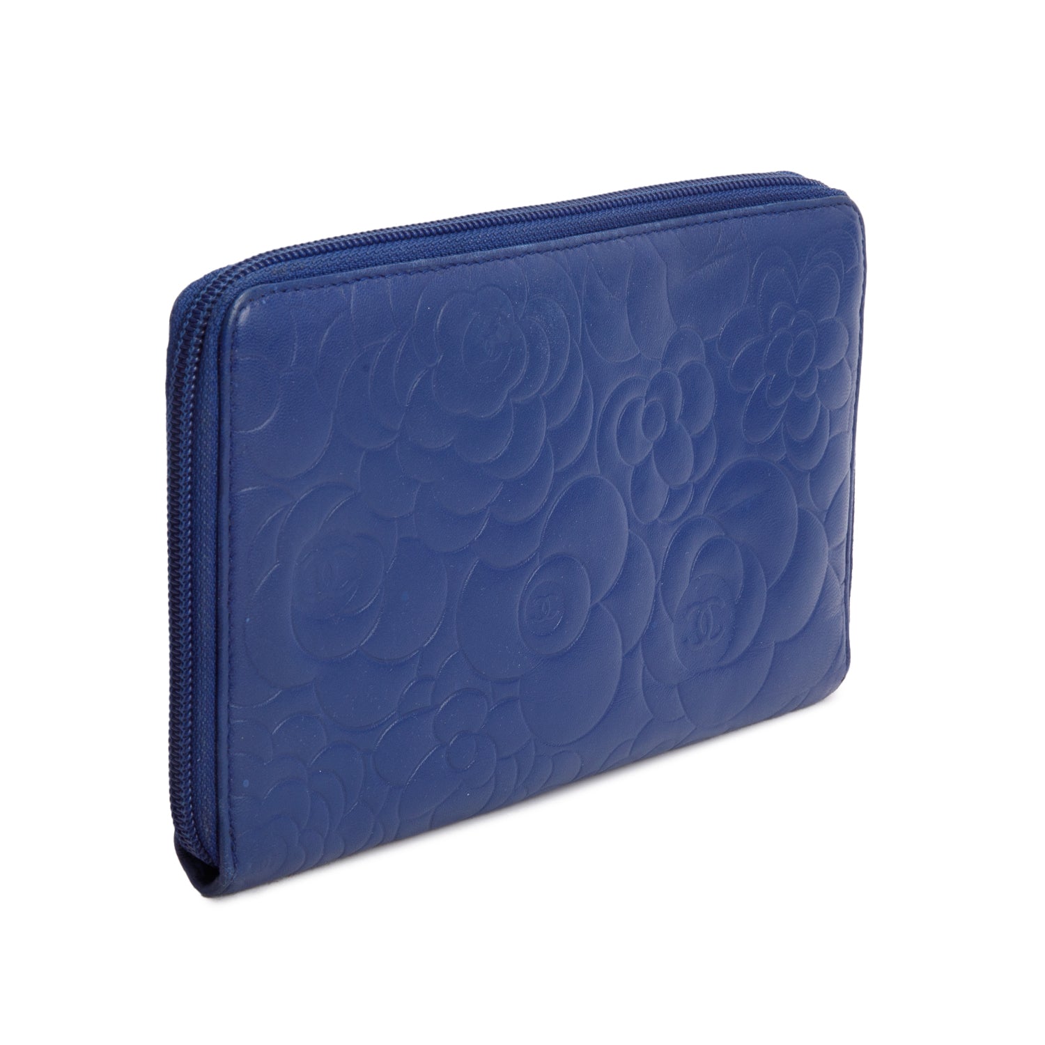 Chanel Blue Camellia Embossed Lambskin Leather Large Zip Wallet Organizer