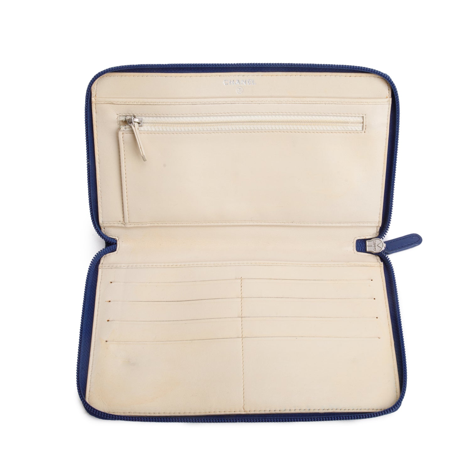 Chanel Blue Camellia Embossed Lambskin Leather Large Zip Wallet Organizer