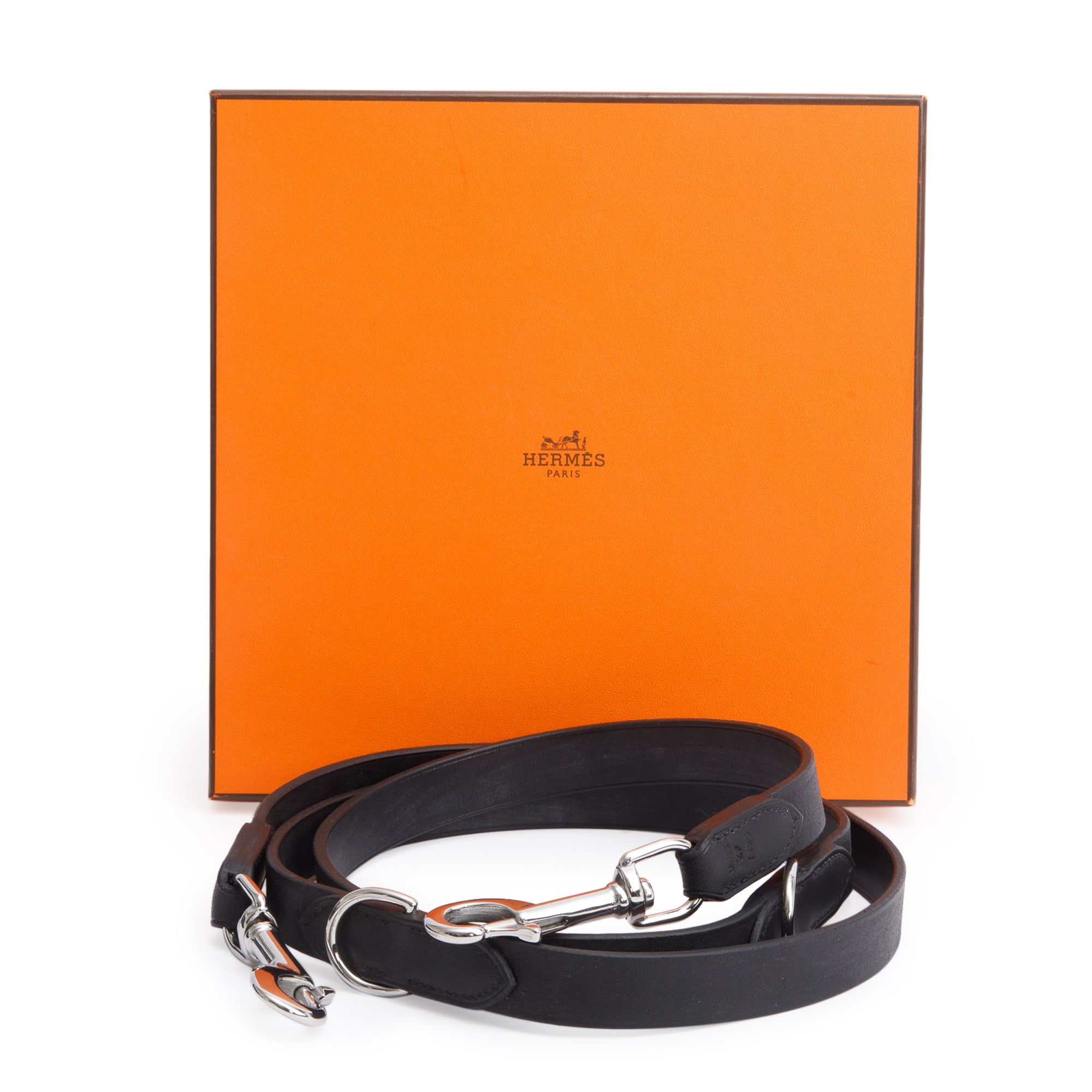 Hermes 2022 Noir Natural Bridle Punch Dog Leash w/ Box