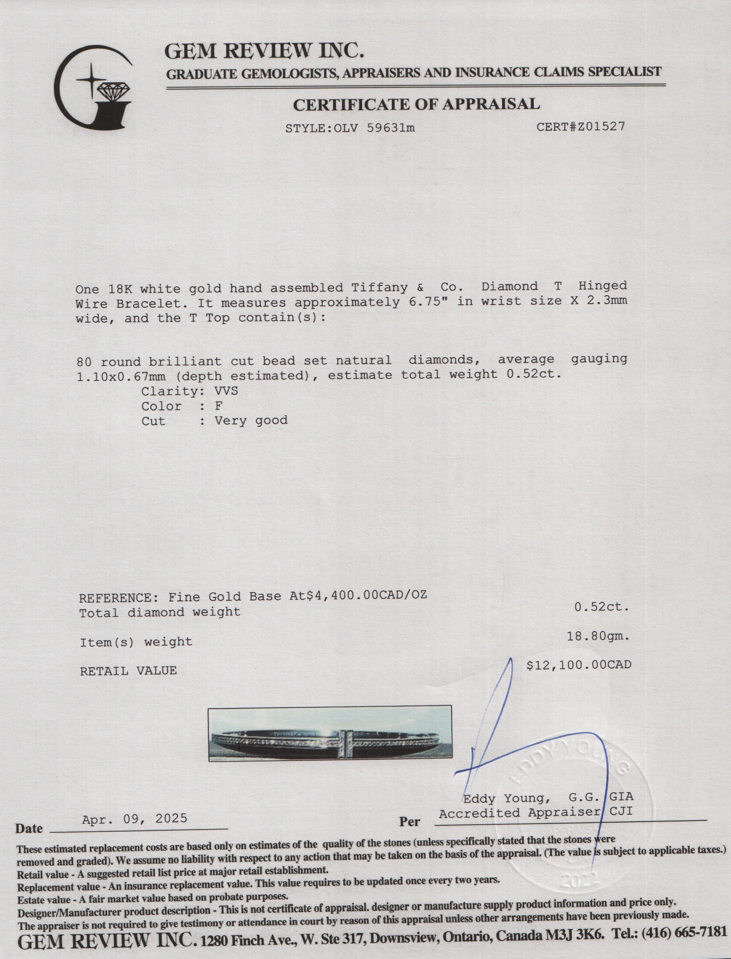 Tiffany & Co. 18k White Gold & Diamond T Hinged Wire Bracelet w/ Box