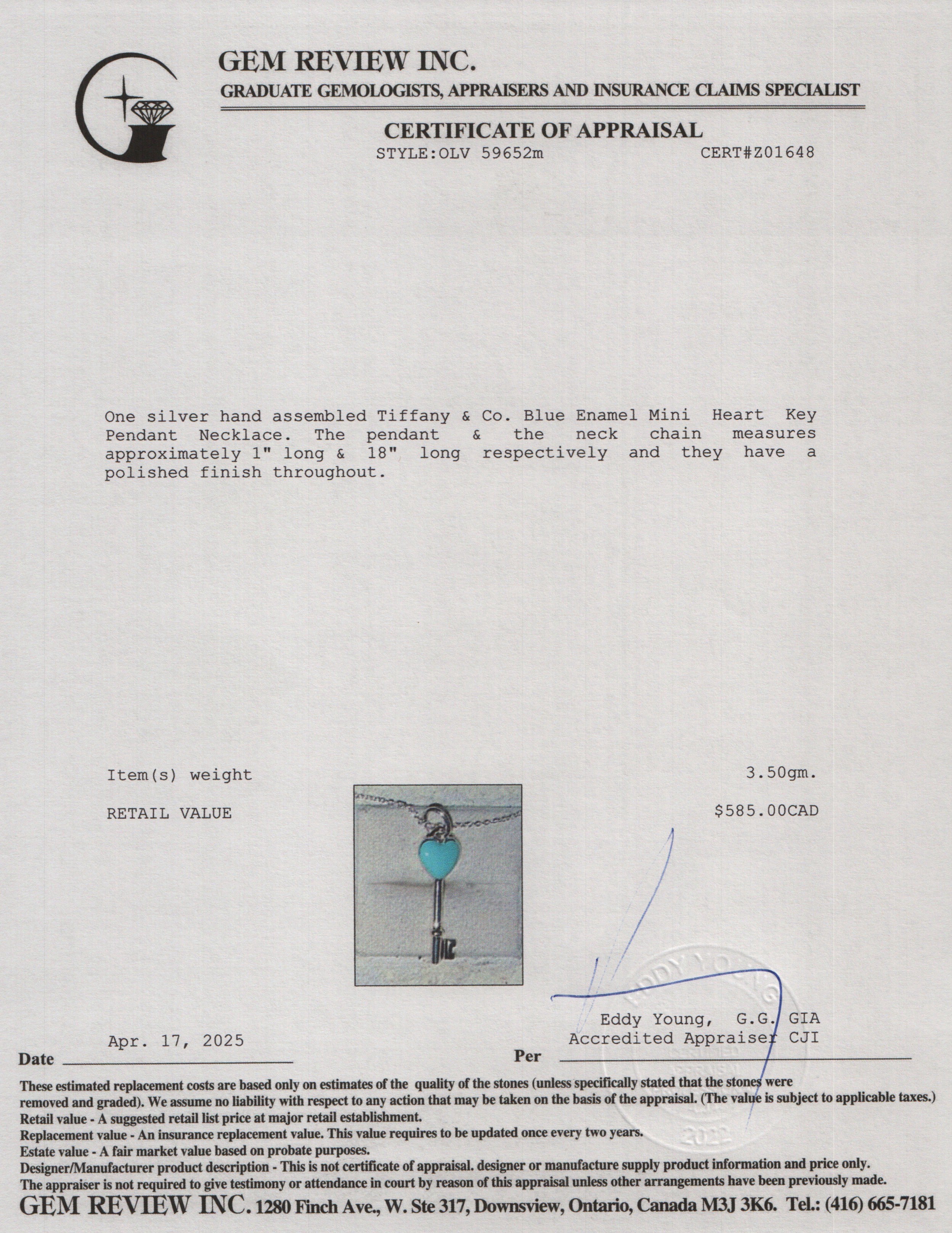 Tiffany & Co. Sterling Silver Blue Enamel Mini Heart Key Pendant Necklace