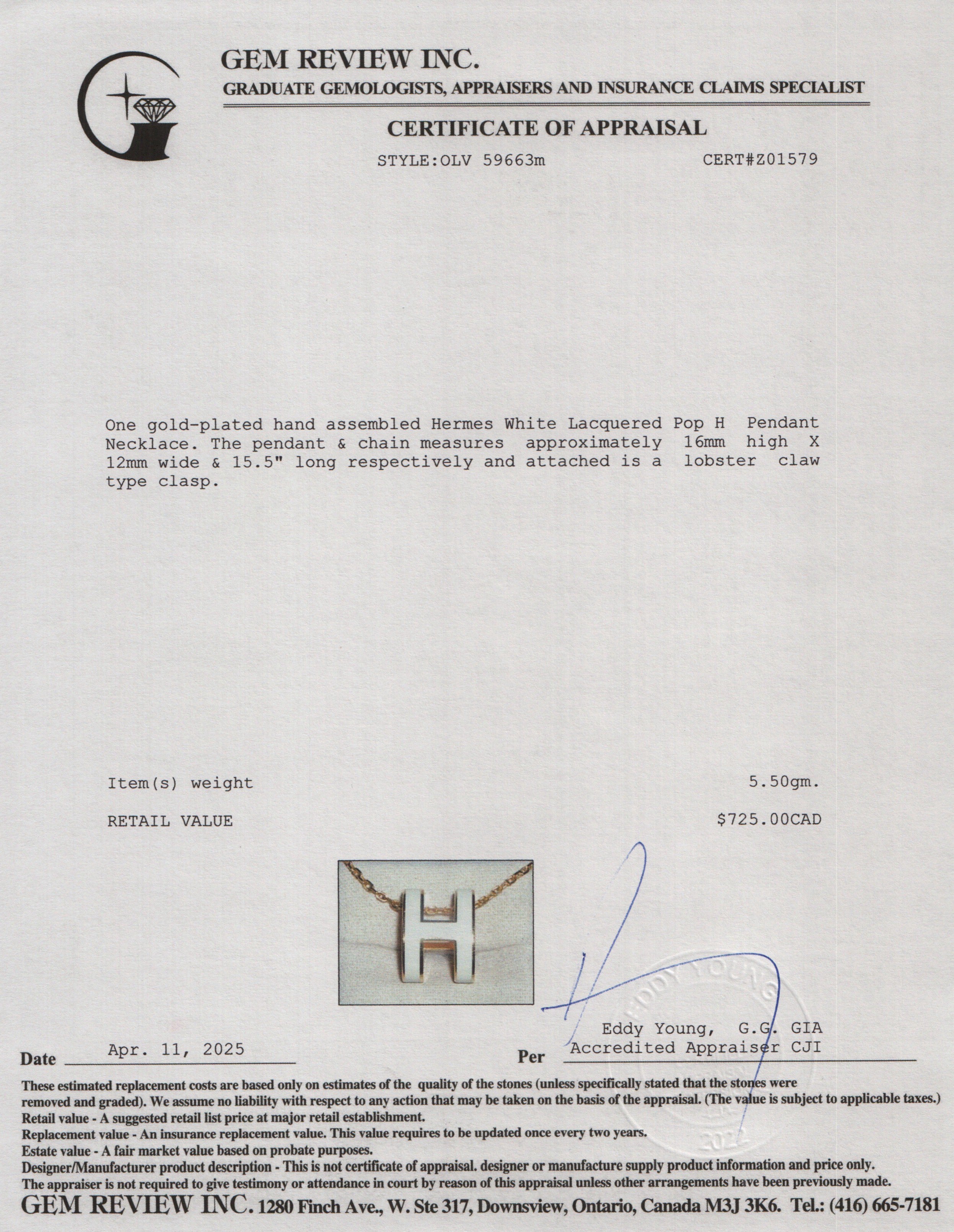 Hermes Yellow Gold-Plated White Lacquered Pop H Pendant Necklace w/ Box