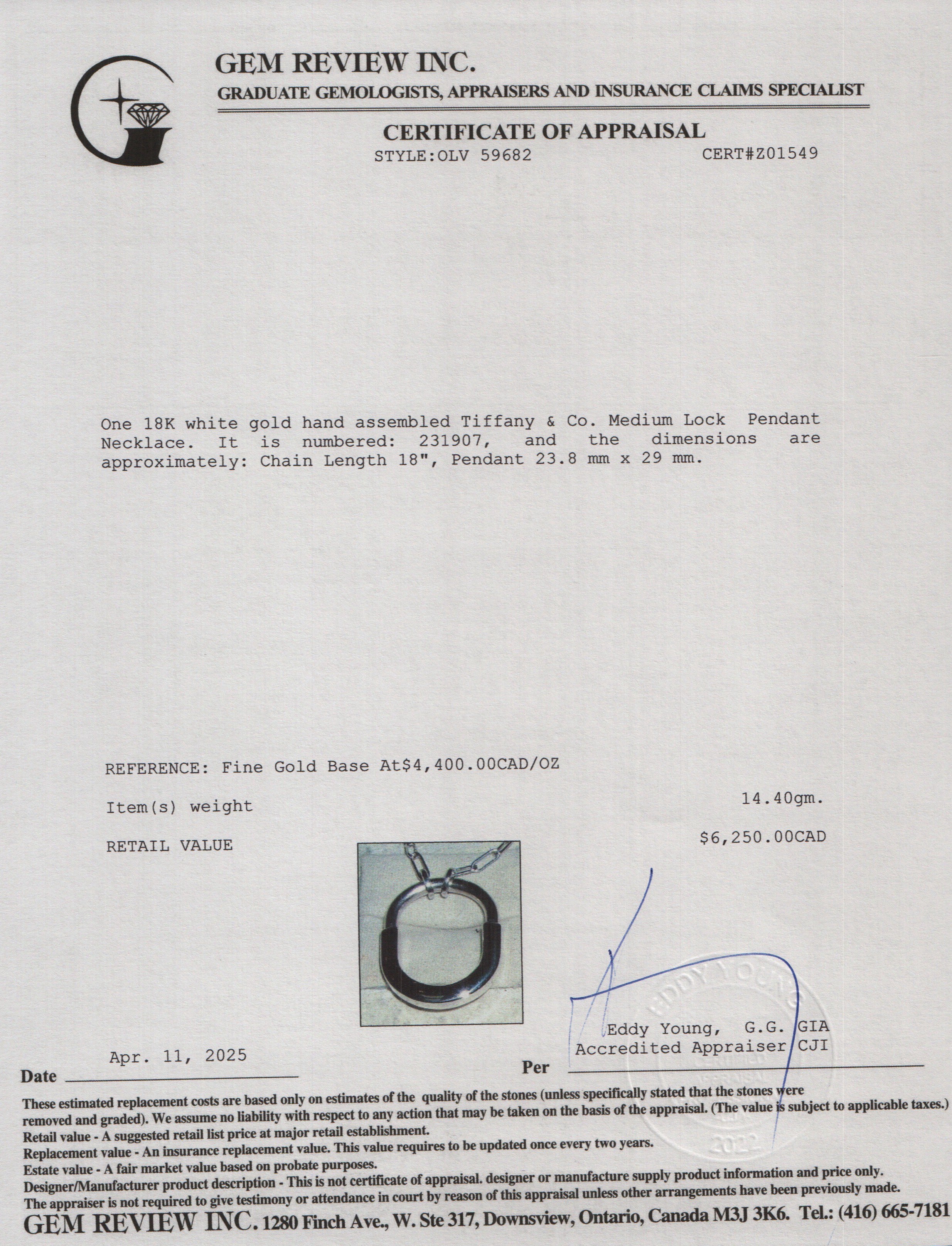 Tiffany & Co. 18k White Gold Medium Lock Pendant Necklace w/ Box