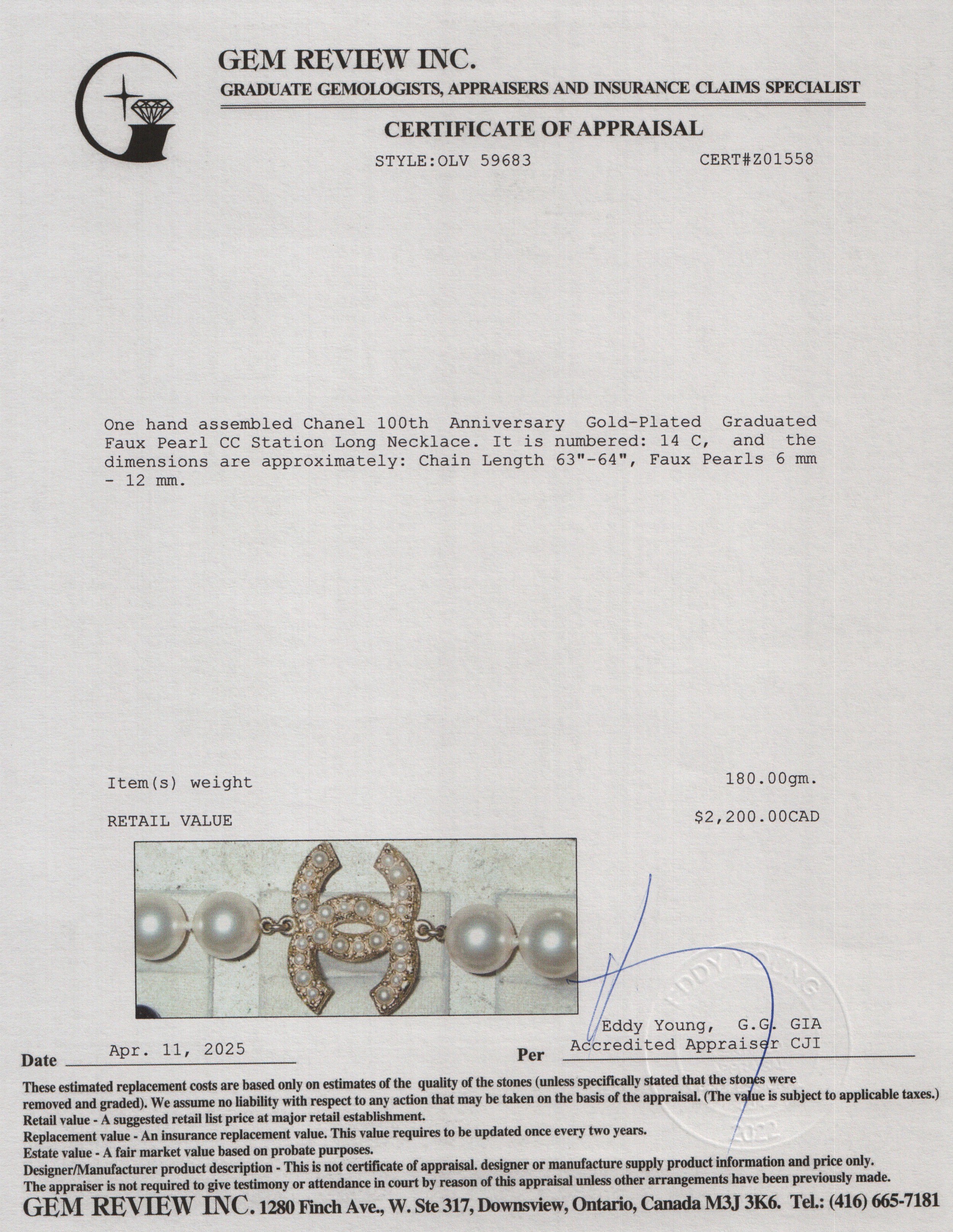 Chanel 100th Anniversary Gold-Plated Graduated Faux Pearl CC Station Long Necklace w/ Box