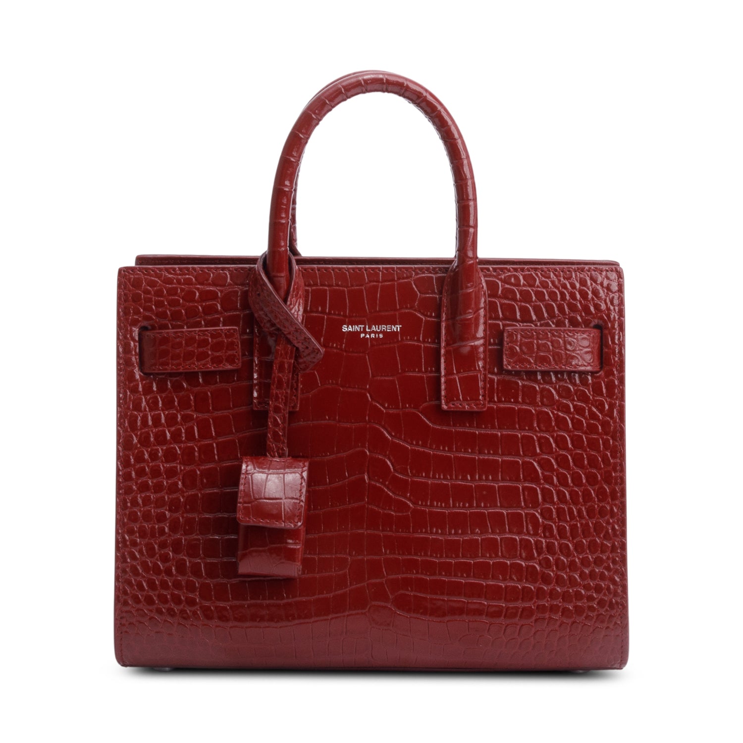 Saint Laurent Burgundy Crocodile Embossed Leather Nano Sac De Jour w/ Strap