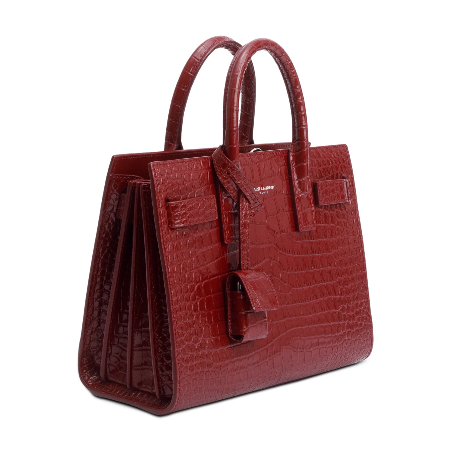 Saint Laurent Burgundy Crocodile Embossed Leather Nano Sac De Jour w/ Strap