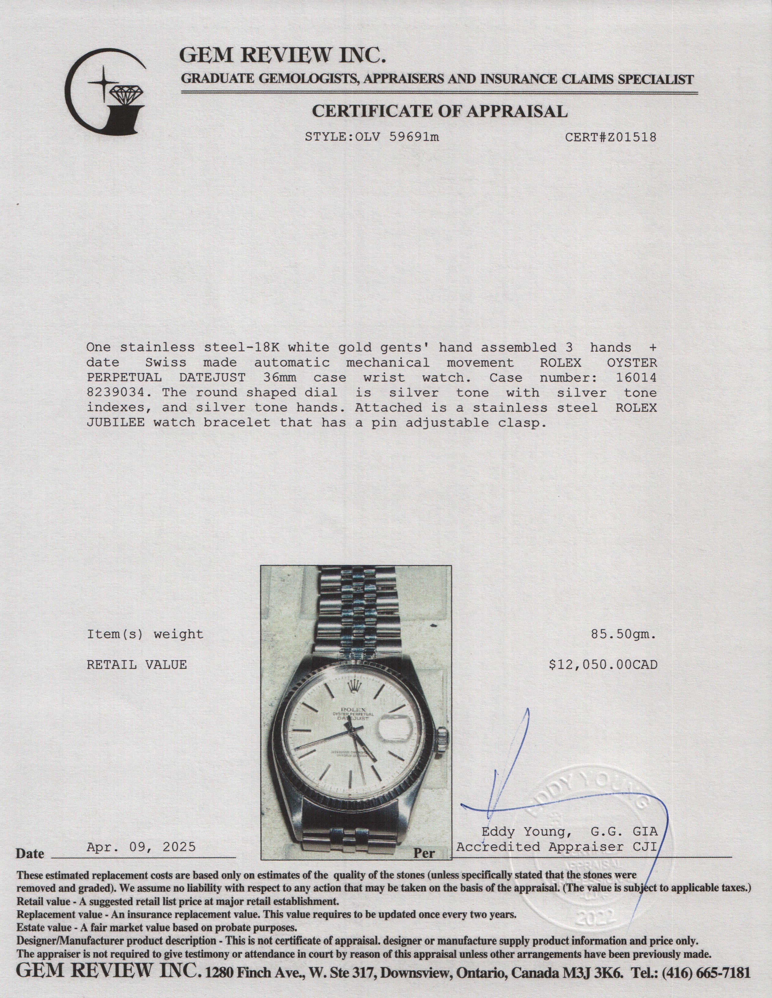 Rolex Stainless Steel Datejust 36 MM Automatic Watch 16014