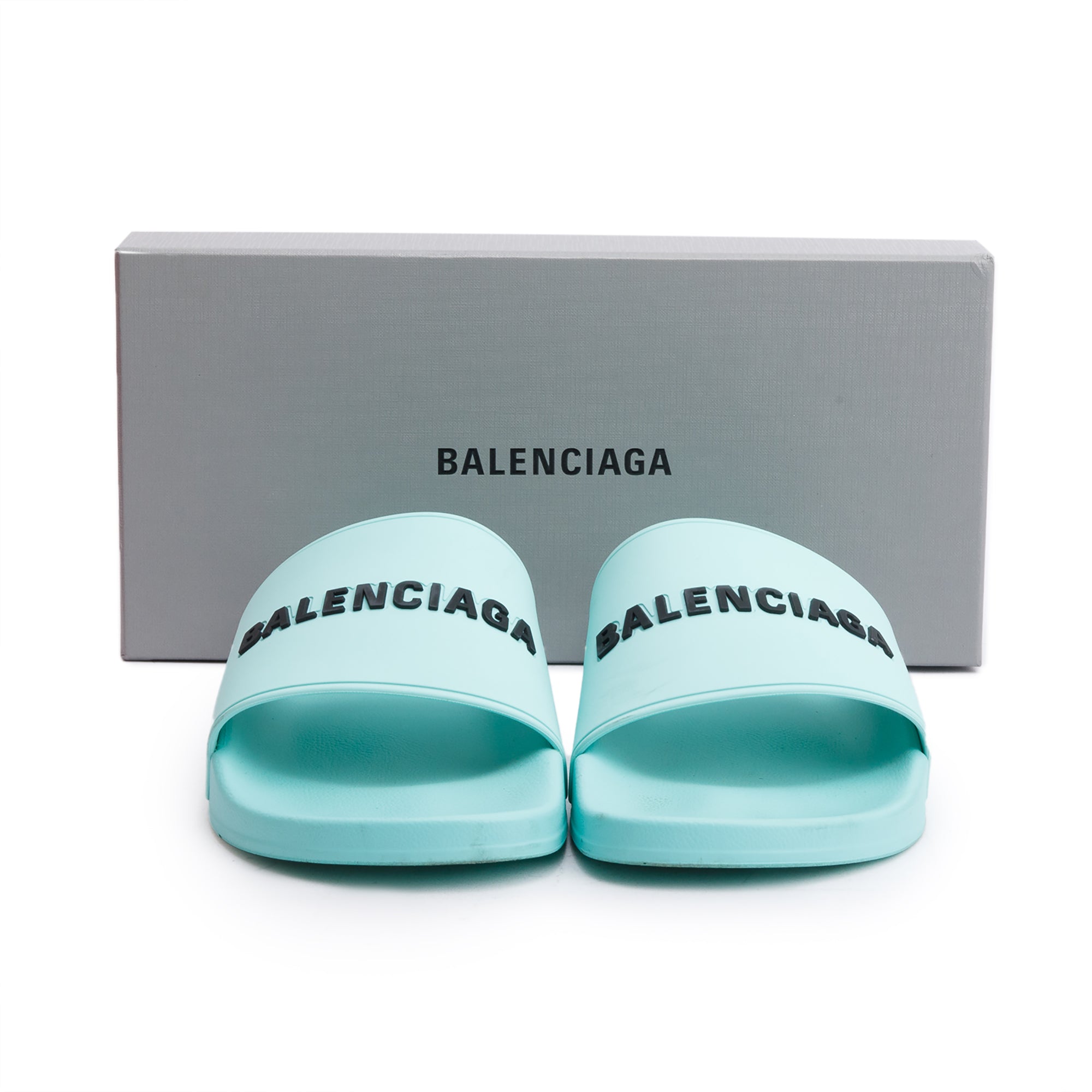 Balenciaga Mint Green Rubber Printed Logo Pool Slide Sandals, Size 45 w/ Box