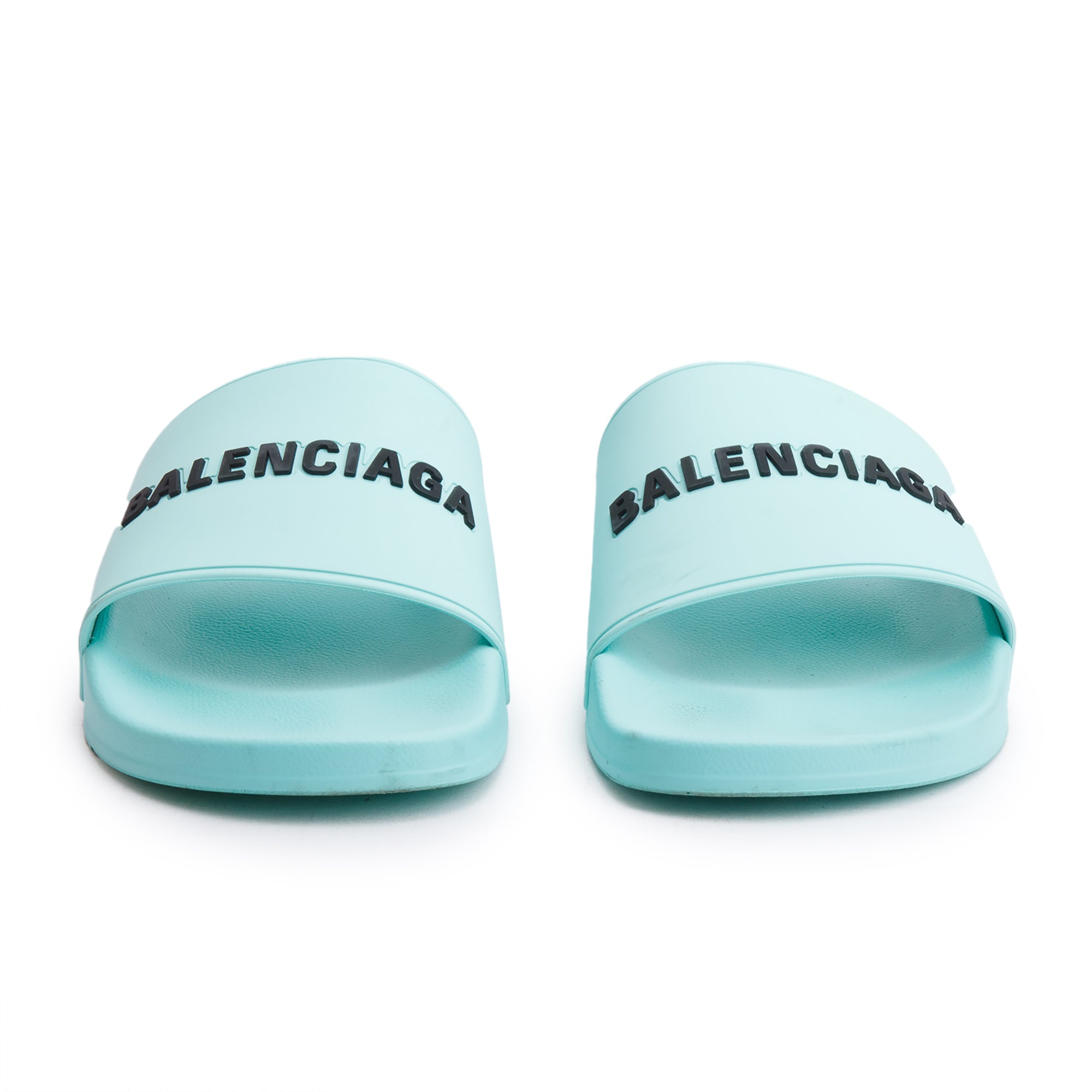 Balenciaga Mint Green Rubber Printed Logo Pool Slide Sandals, Size 45 w/ Box
