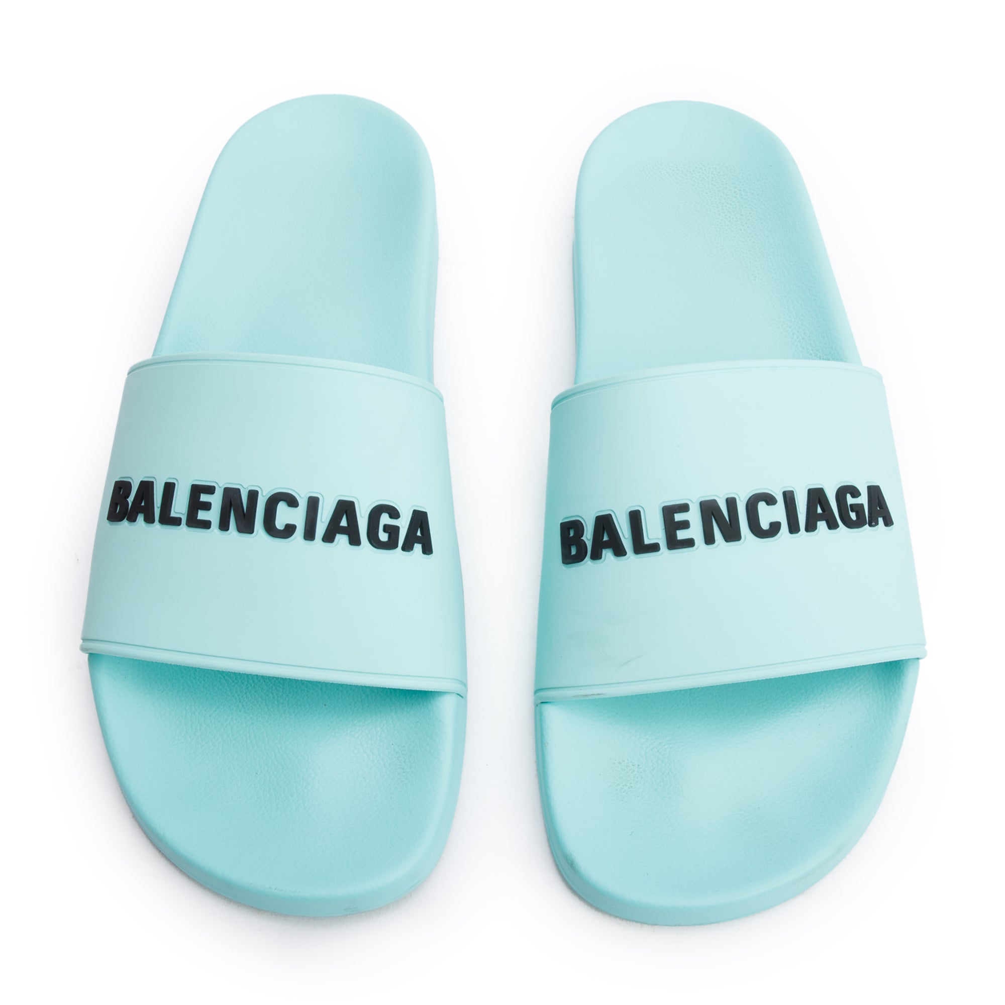 Balenciaga Mint Green Rubber Printed Logo Pool Slide Sandals, Size 45 w/ Box