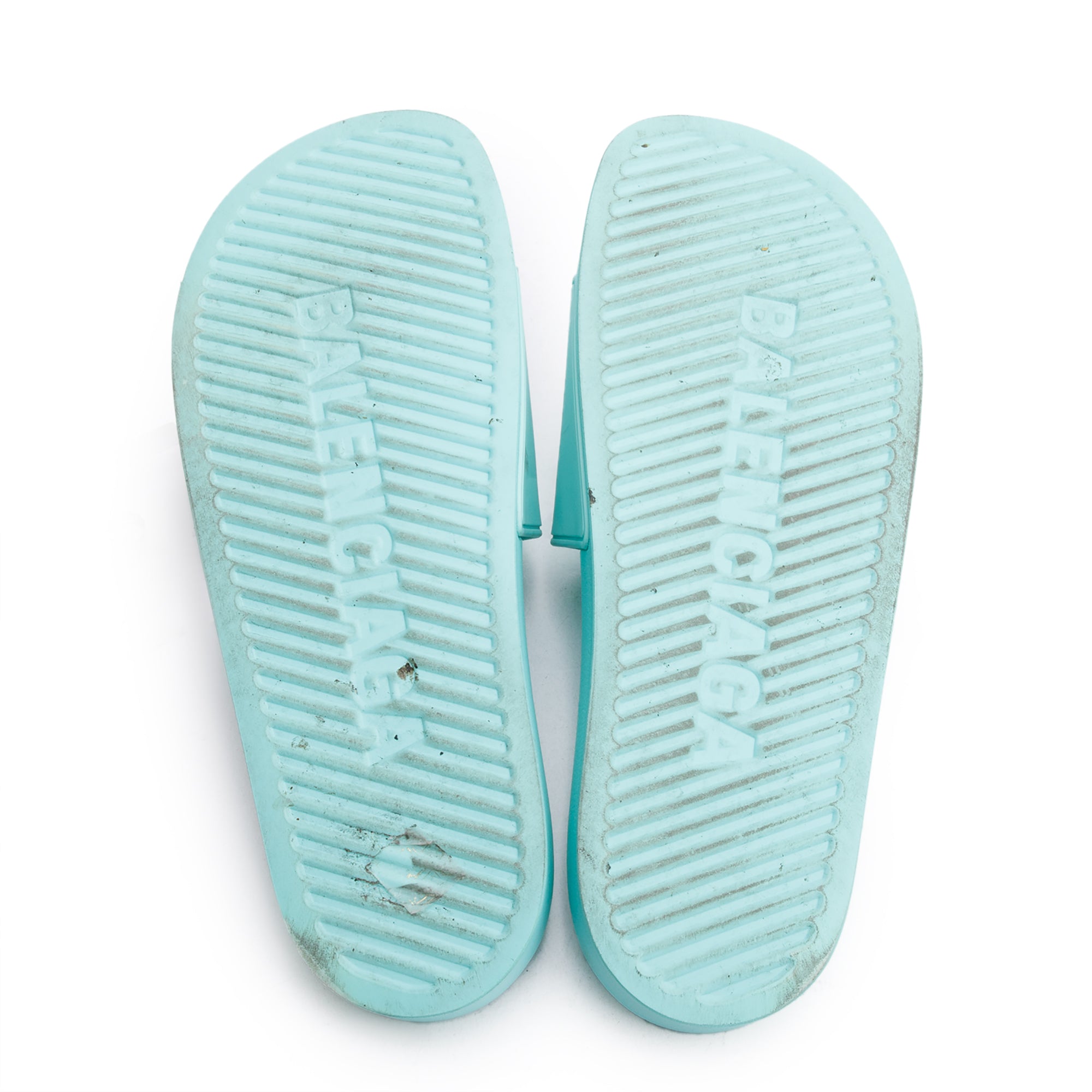 Balenciaga Mint Green Rubber Printed Logo Pool Slide Sandals, Size 45 w/ Box